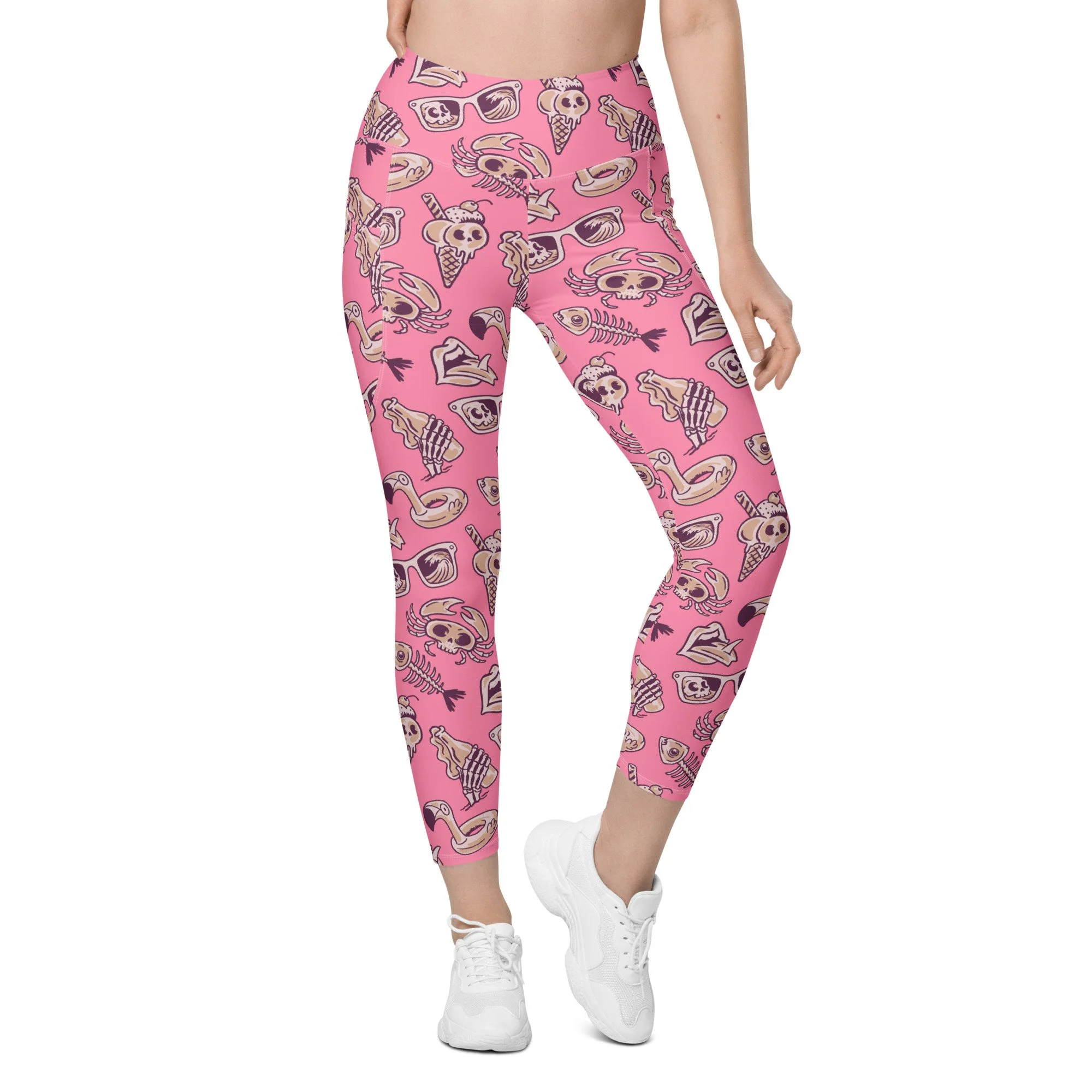 Leggings-yoga-workout-pockets-mix-matchhalloween-summer-spooky-pink-skeleton-skull-fish-crab