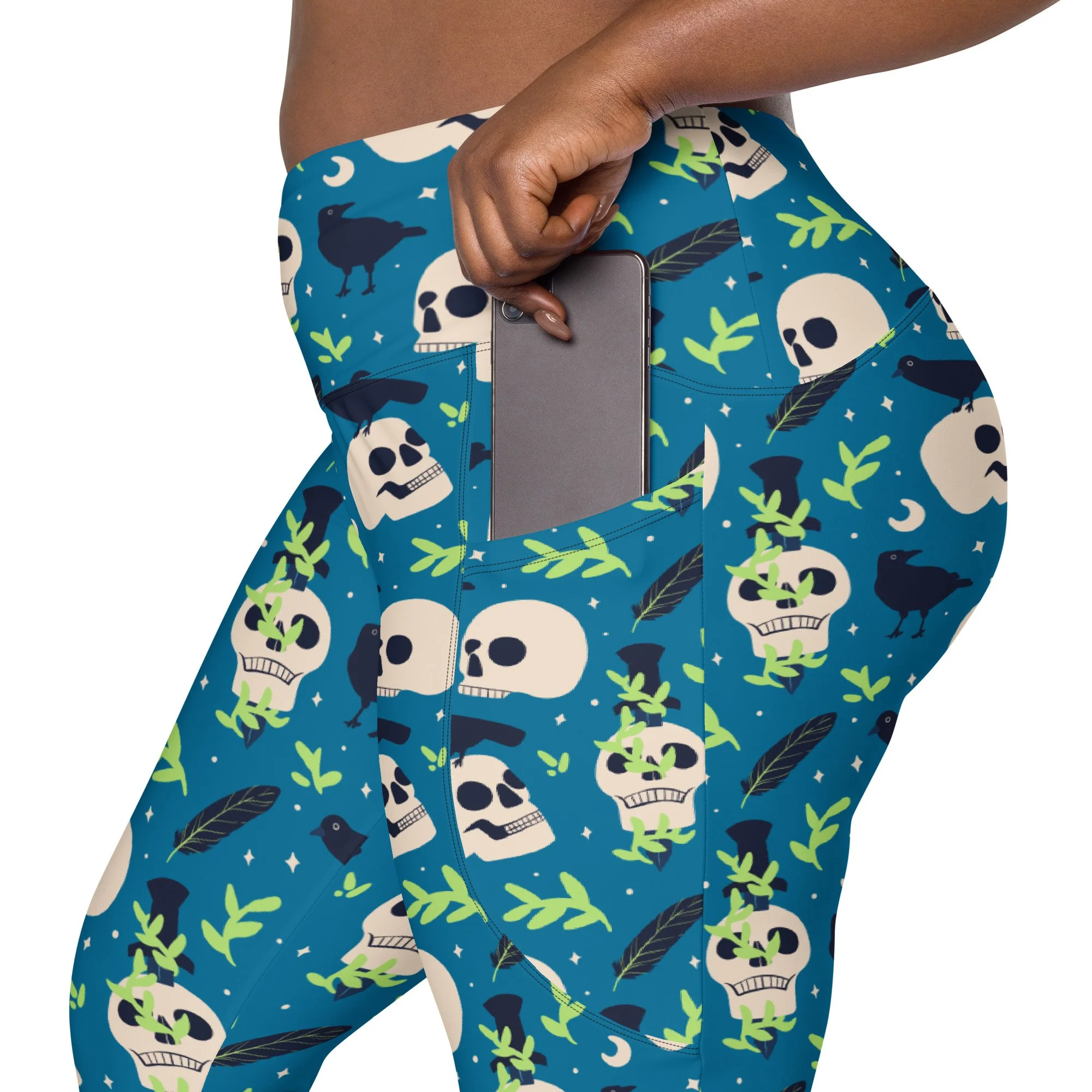 Leggings-yoga-workout-pockets-mix-match-costume-party-halloween-skull-crow-floral-skulls-spooky-goth