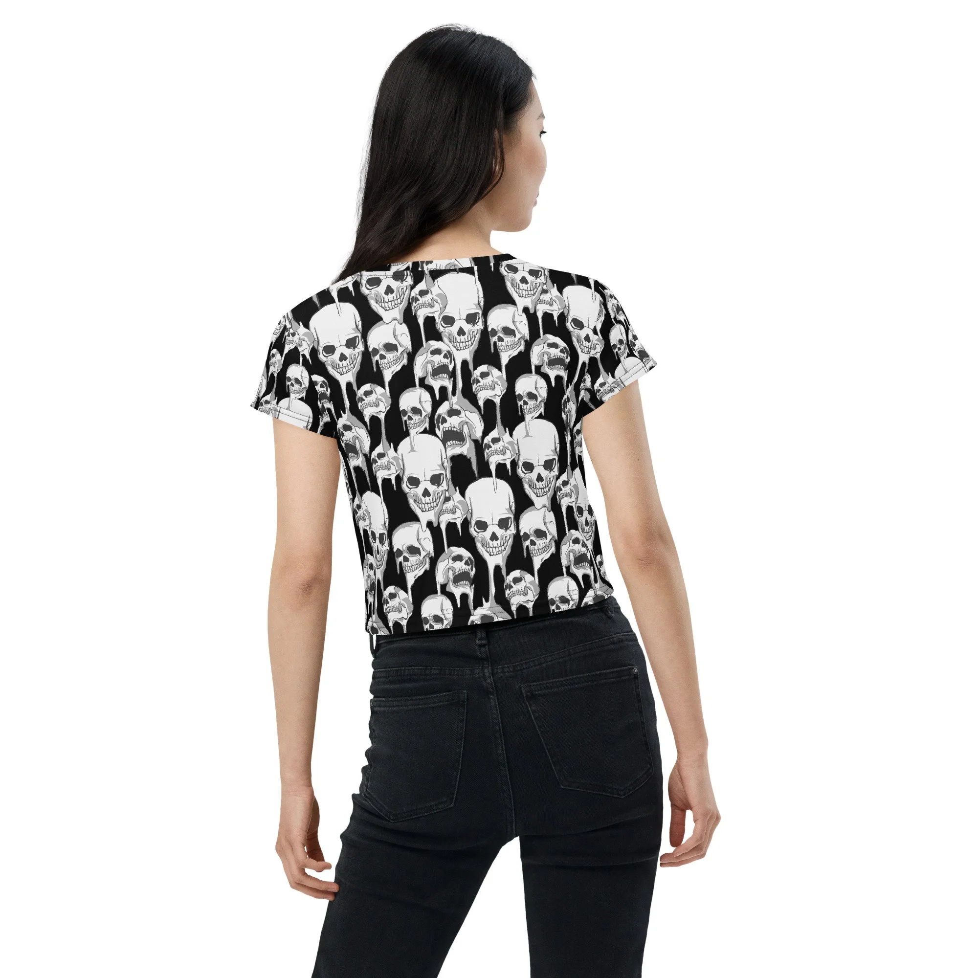 Crop-tee-shirt-activewear-mix-match-halloween-goth-spooky-melting-skulls-black-white-skeleton-skull
