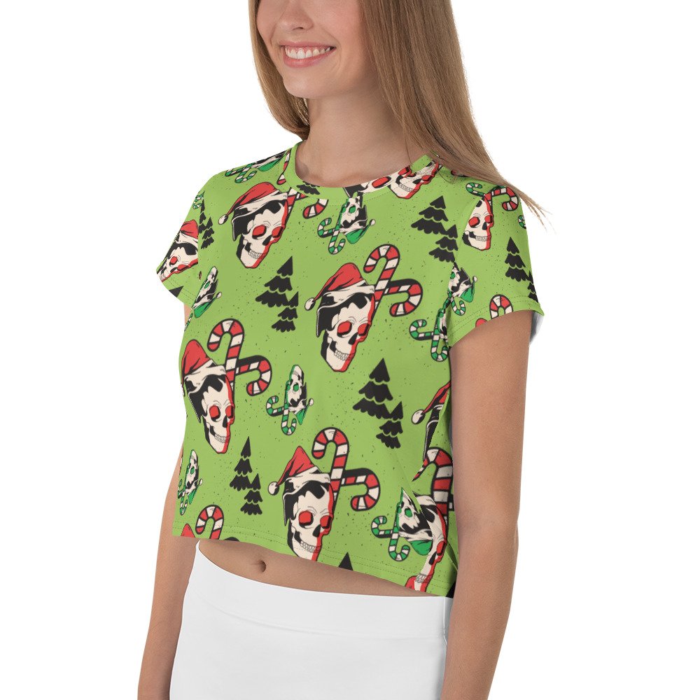 Crop-tee-shirt-activewearmatch-halloween-gothmas-spooky-christmas-skull-candy-cane-tree-spookmas