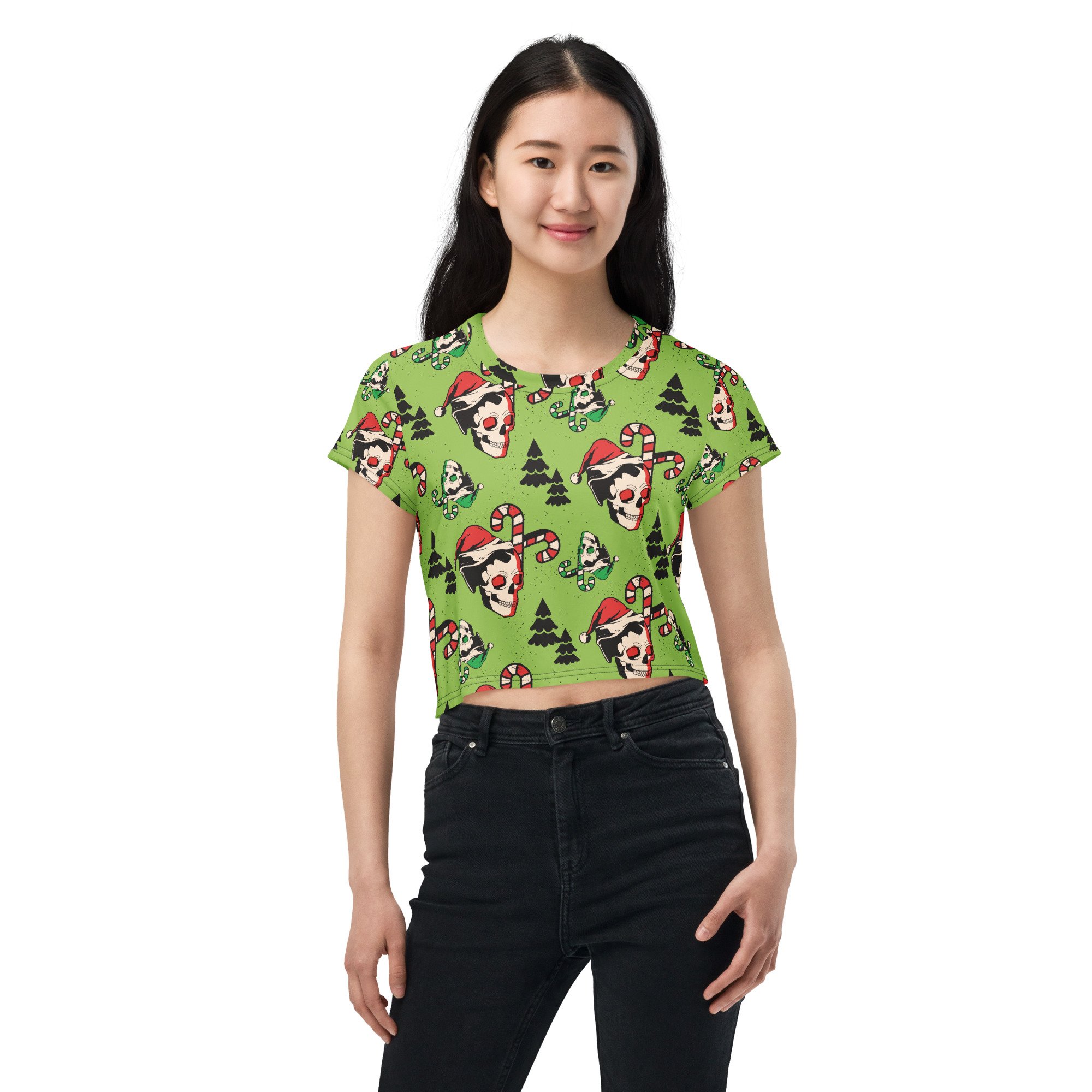 Crop-tee-shirt-activewearmatch-halloween-gothmas-spooky-christmas-skull-candy-cane-tree-spookmas