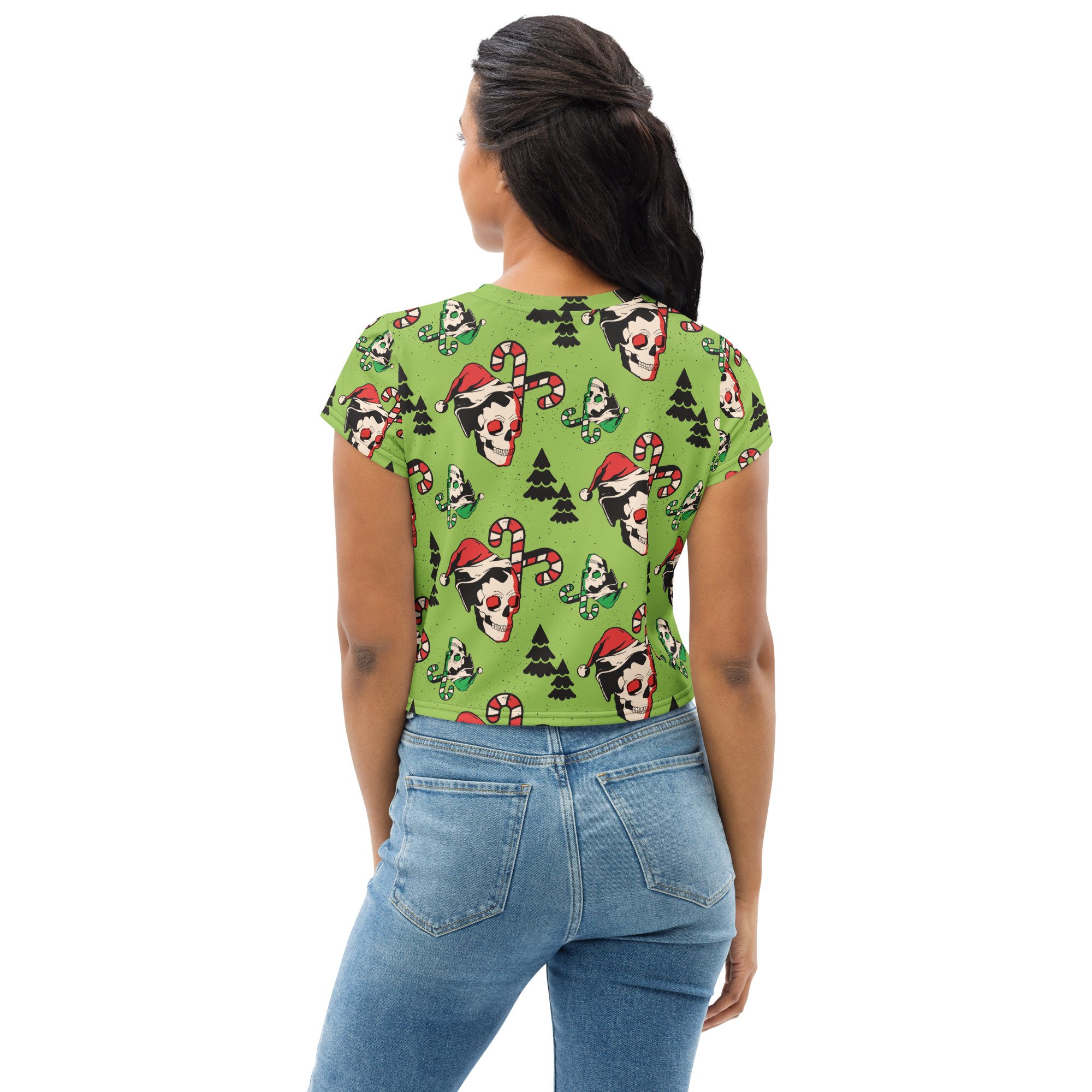 Crop-tee-shirt-activewearmatch-halloween-gothmas-spooky-christmas-skull-candy-cane-tree-spookmas