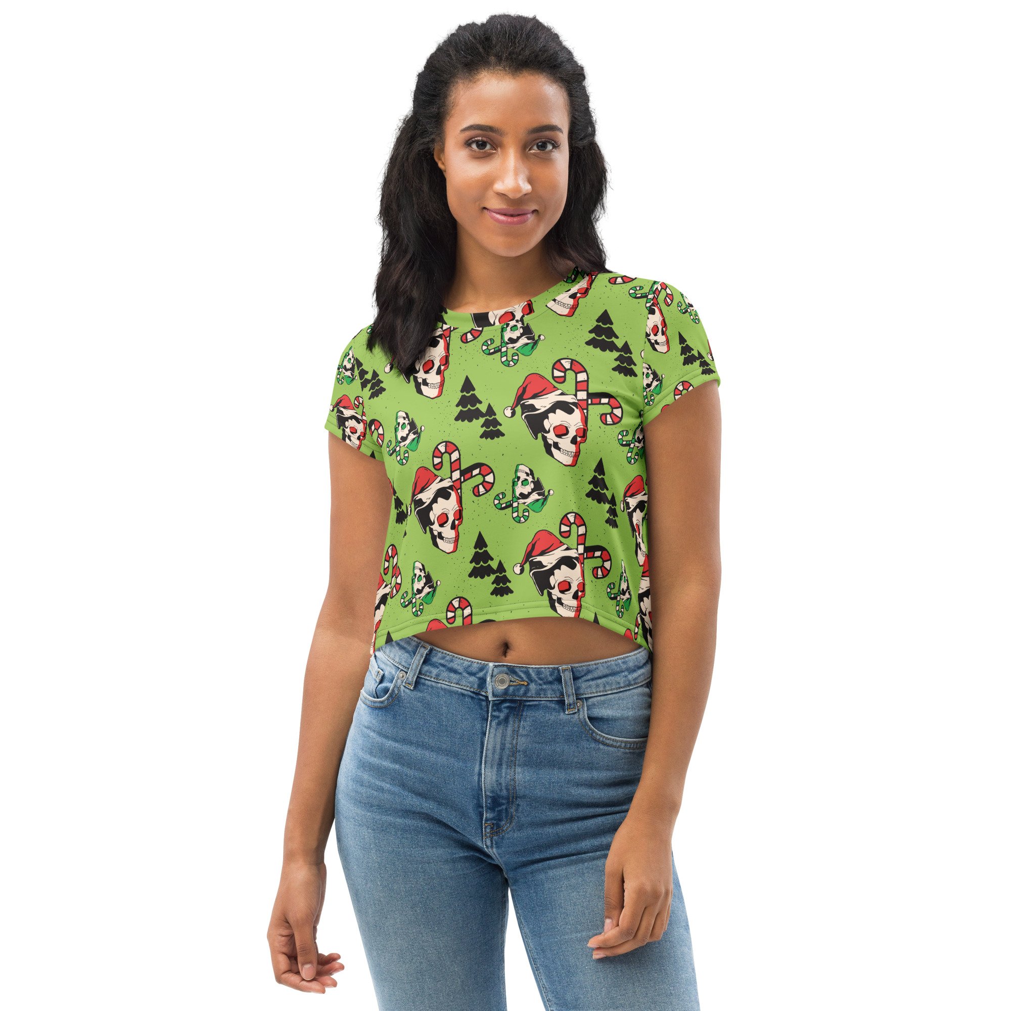 Crop-tee-shirt-activewearmatch-halloween-gothmas-spooky-christmas-skull-candy-cane-tree-spookmas