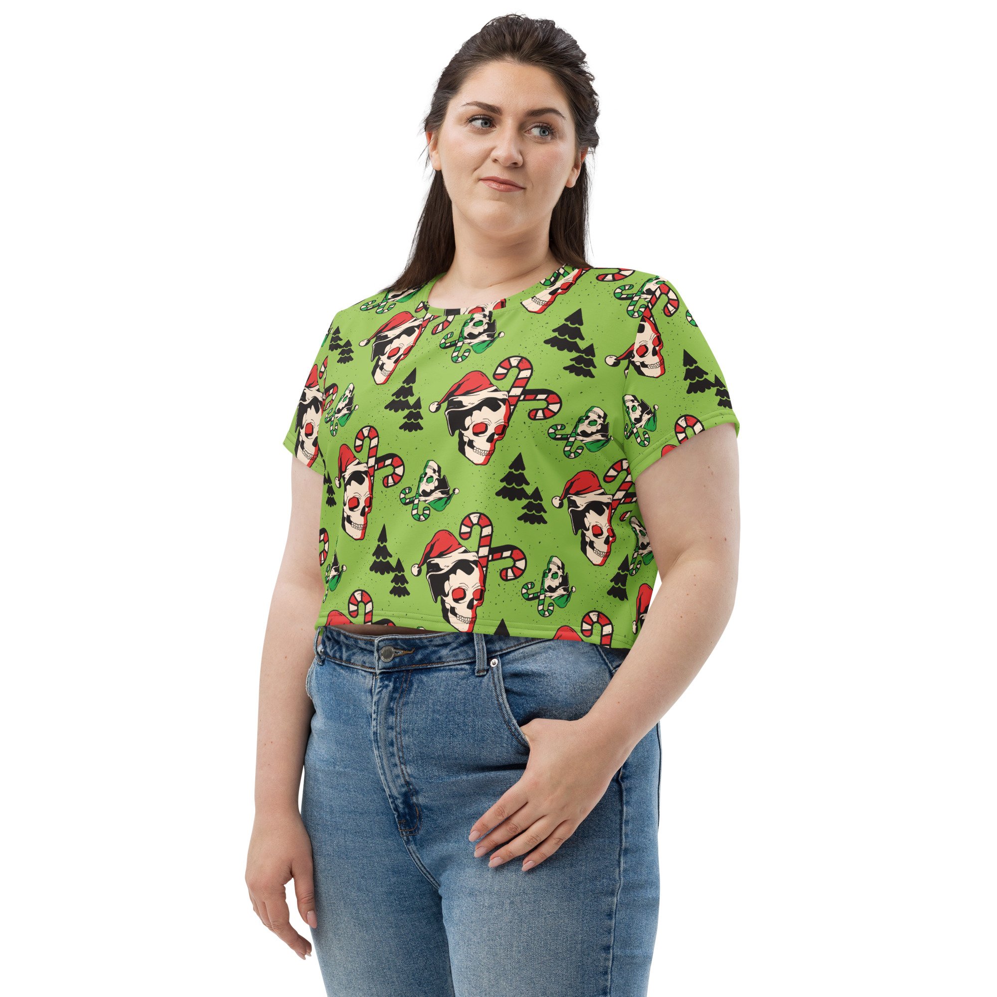 Crop-tee-shirt-activewearmatch-halloween-gothmas-spooky-christmas-skull-candy-cane-tree-spookmas