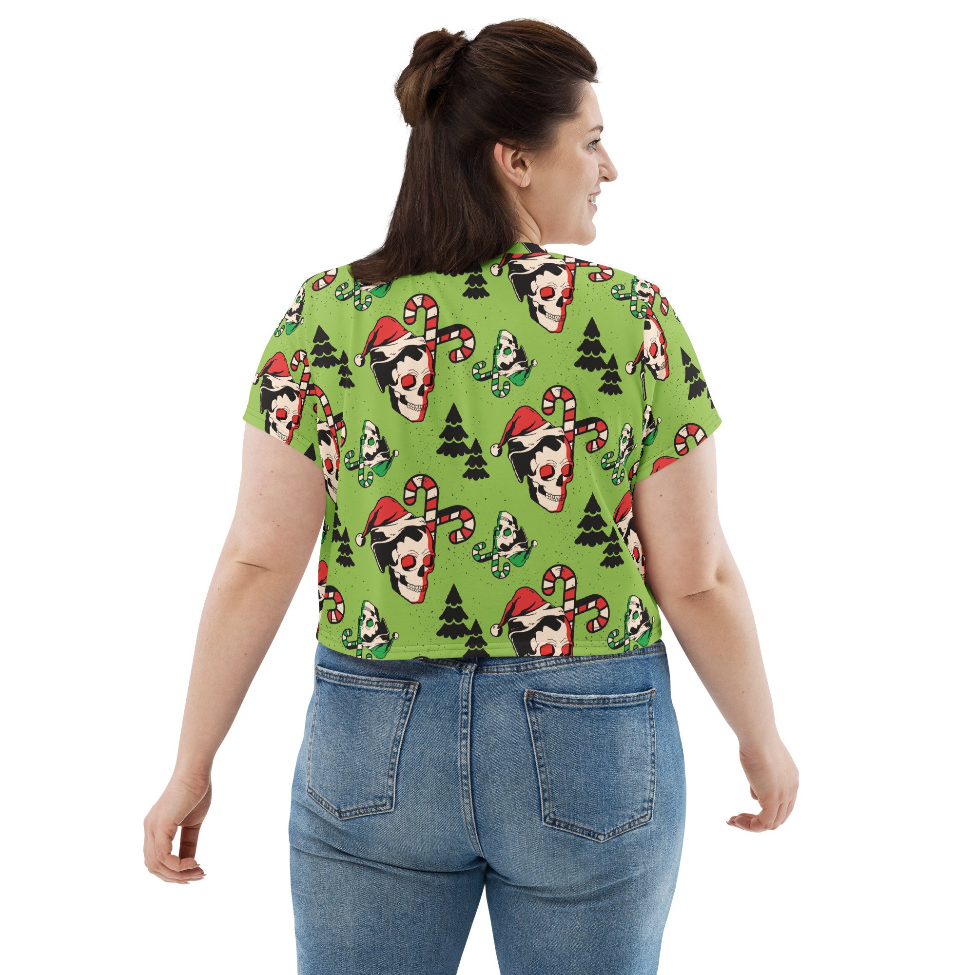 Crop-tee-shirt-activewearmatch-halloween-gothmas-spooky-christmas-skull-candy-cane-tree-spookmas