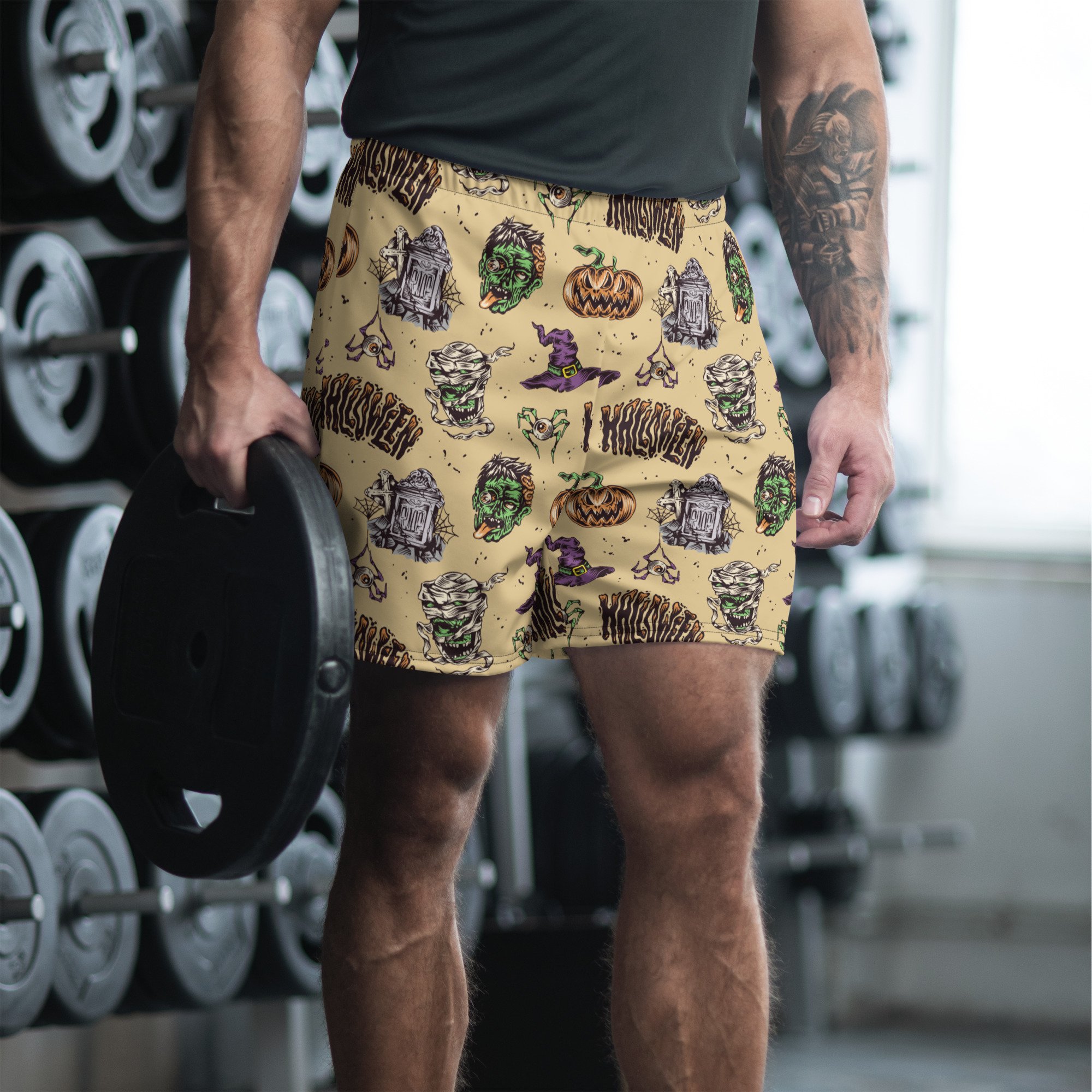 athletic-shorts-workout-exercise-activewear-running-halloween-icon-mummy-zombie-witch-hat-tombstone