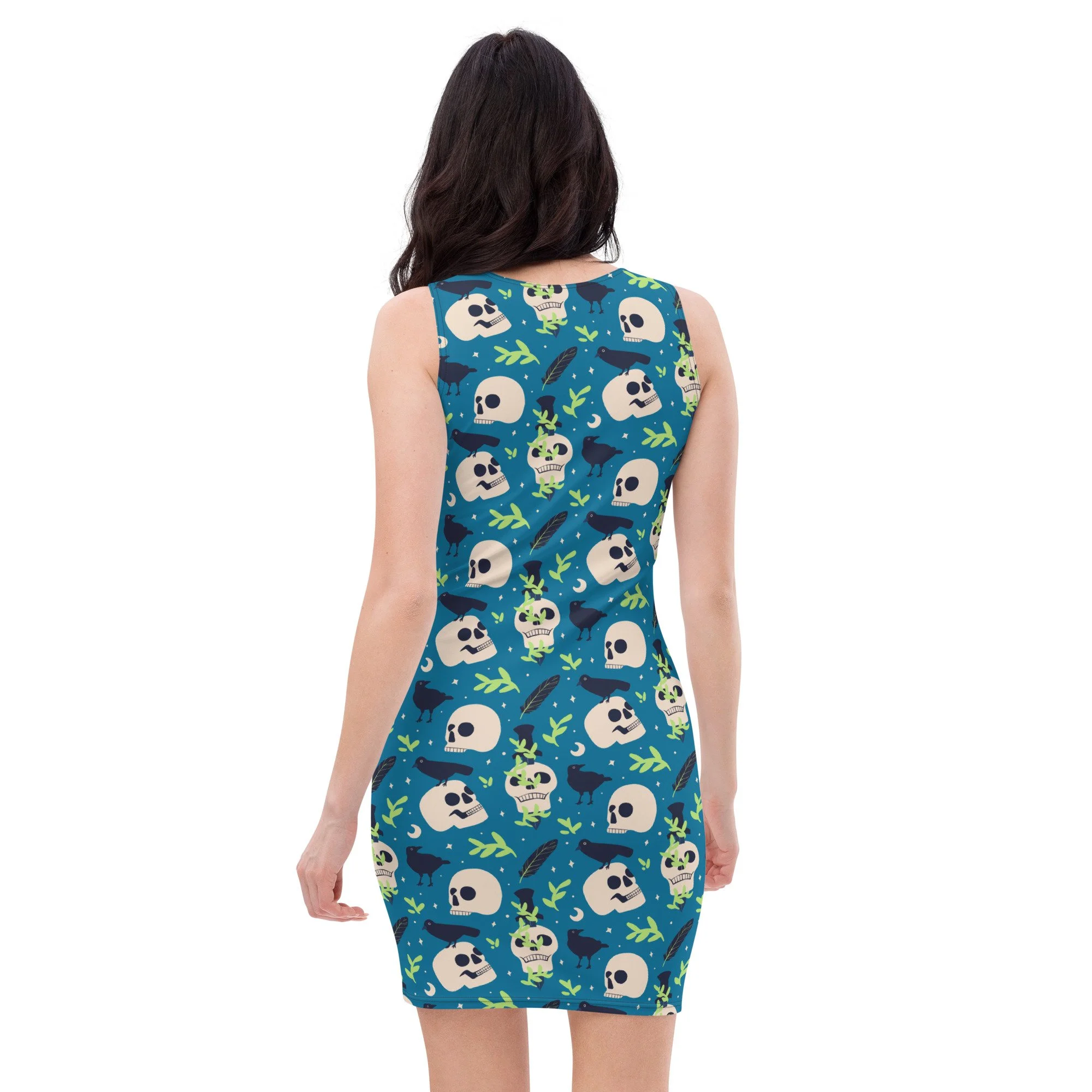 Halloween Crow Art Print V-Neck Vintage Fashion Short Sleeve Midi Dress