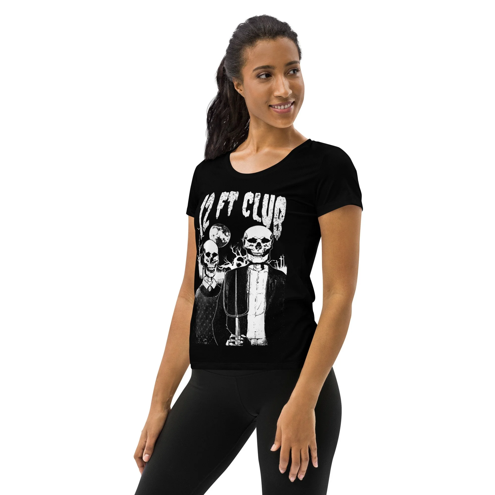 Fitted-athletic-shirt-workout-exercise-activewear-running-12ft-skeletons-american-gothic-art-spooky