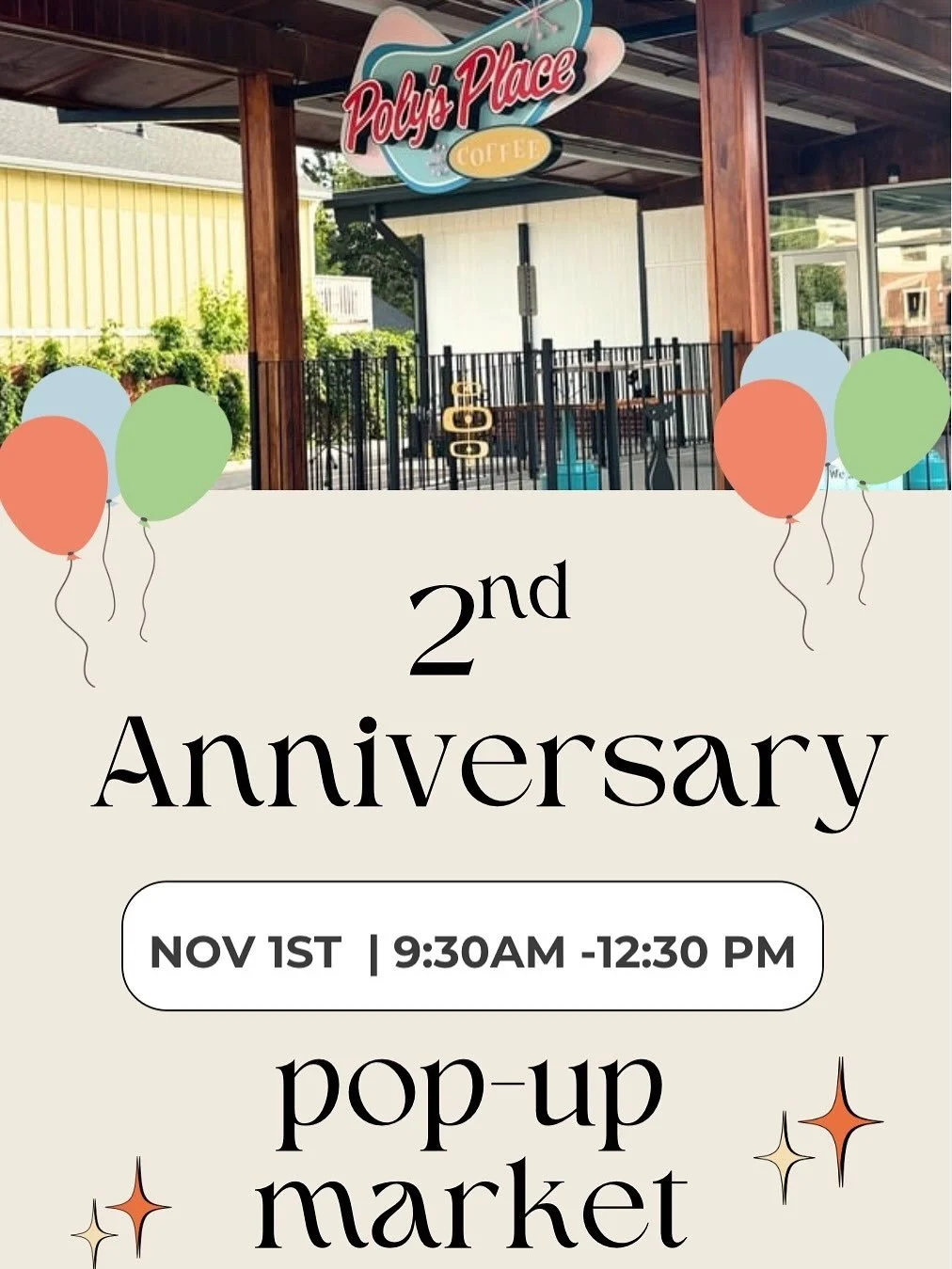 🎉 We&rsquo;re Turning TWO! 🎉
Join us for our 2nd Anniversary Celebration + Pop-Up Market ☕🛍️

📍 Poly&rsquo;s Place Coffee Shop
📅 Saturday Nov 1st 
⏰ 9:30am - 12:30pm

We&rsquo;re celebrating 2 amazing years of coffee, community, and connection &