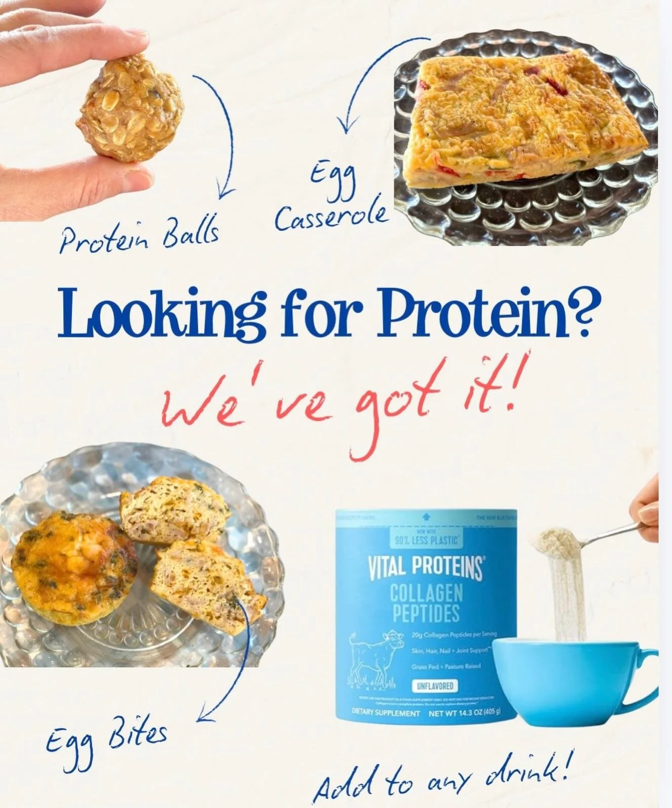 💪☕ Fuel your day the yummy way!
Protein balls, egg bites, egg casserole &amp; protein powder added to any drink.
Healthy never tasted so good! ✨
