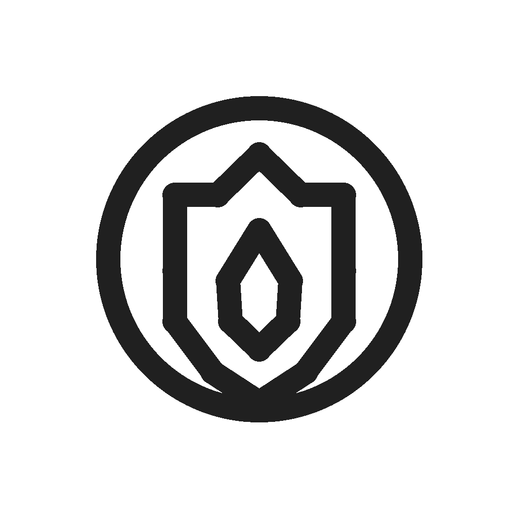 Black and white logo featuring a shield with a pointed top and a specific geometric design, enclosed within a circle.