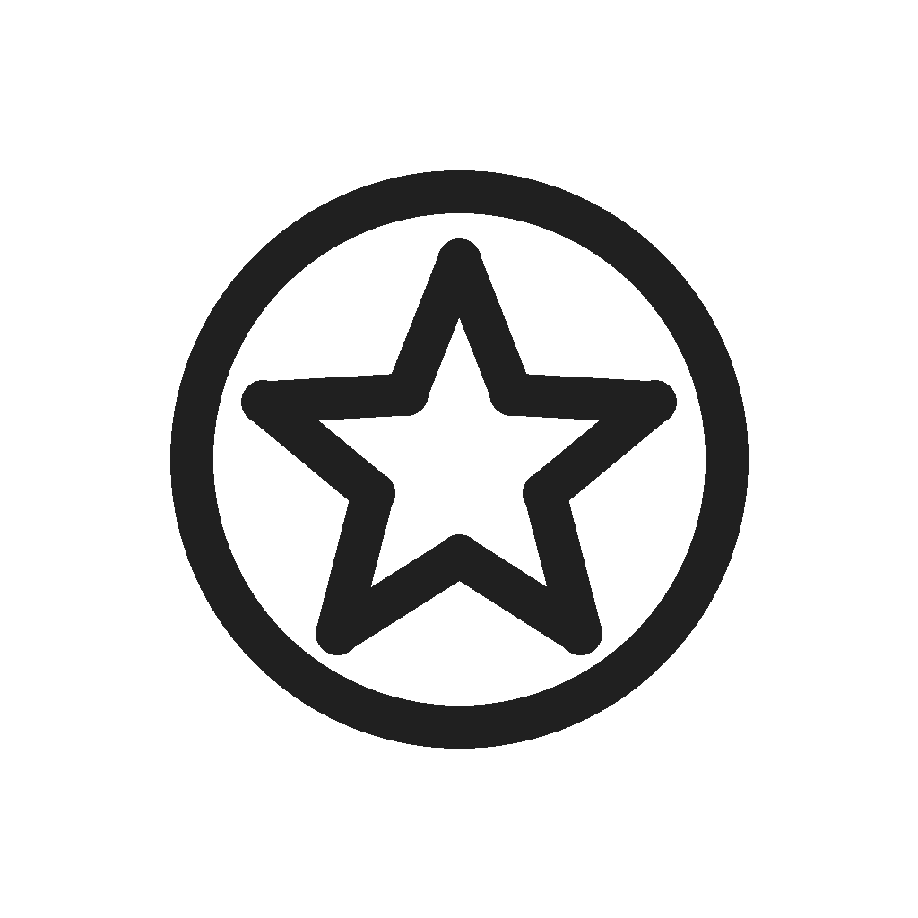 Black and white icon of a star enclosed in a circle.