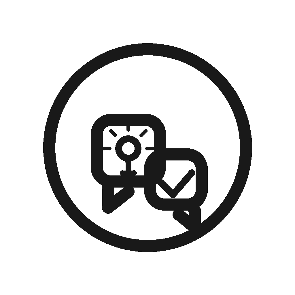 Icon representing appointment scheduling or reminders with a clock, speech bubble, and check mark.