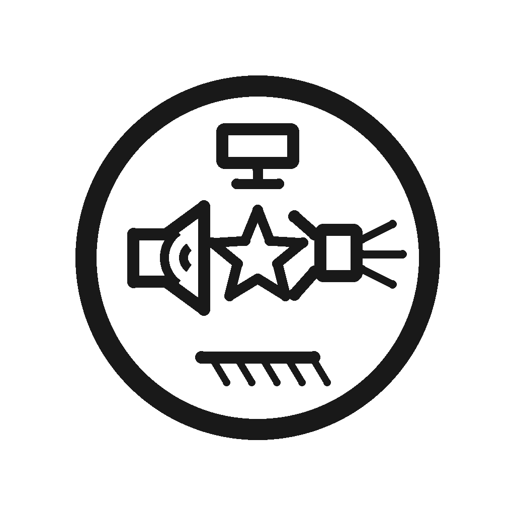 Icon depicting a cleaning or polishing device with a star, a spray or nozzle, and a comb or brush.