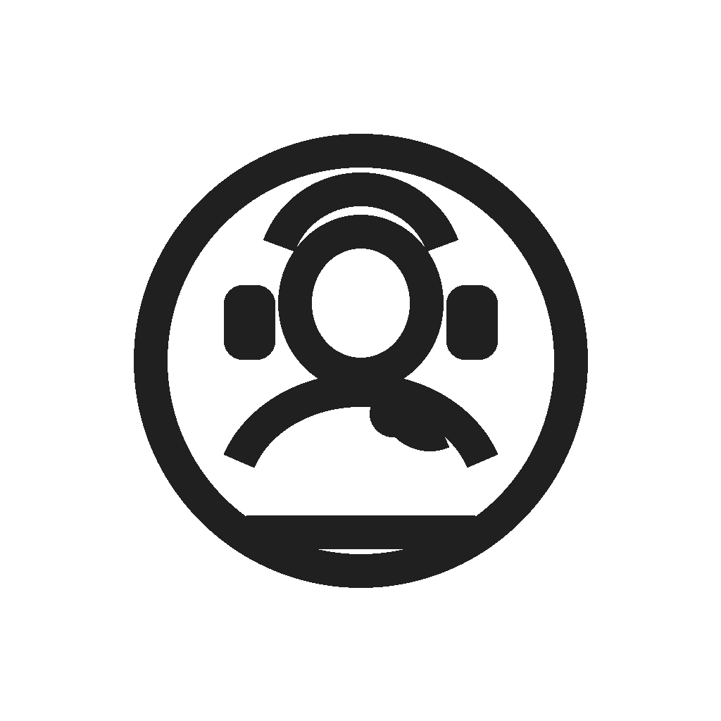 Icon of a person wearing a headset, inside a circle.
