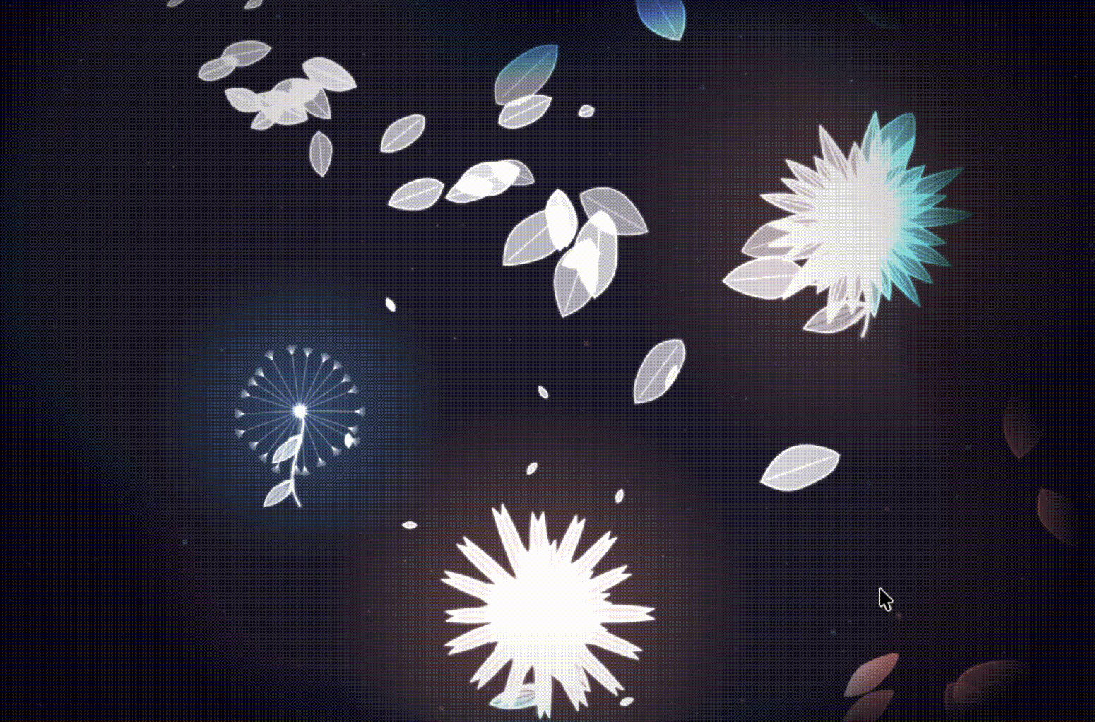 Animated digital art depicting illuminated floral and leaf motifs floating against a dark background, with luminous white and blue accents.