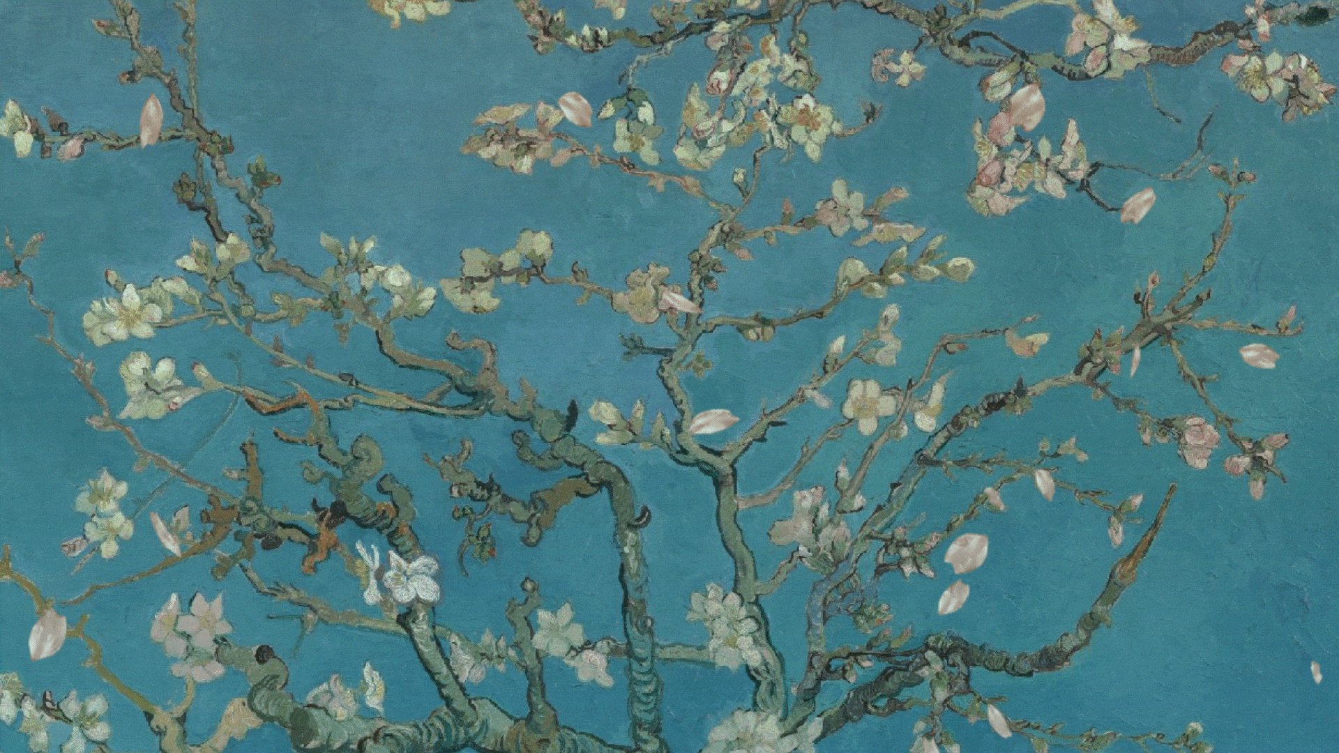 A painting of blossoming almond tree branches on a blue background.