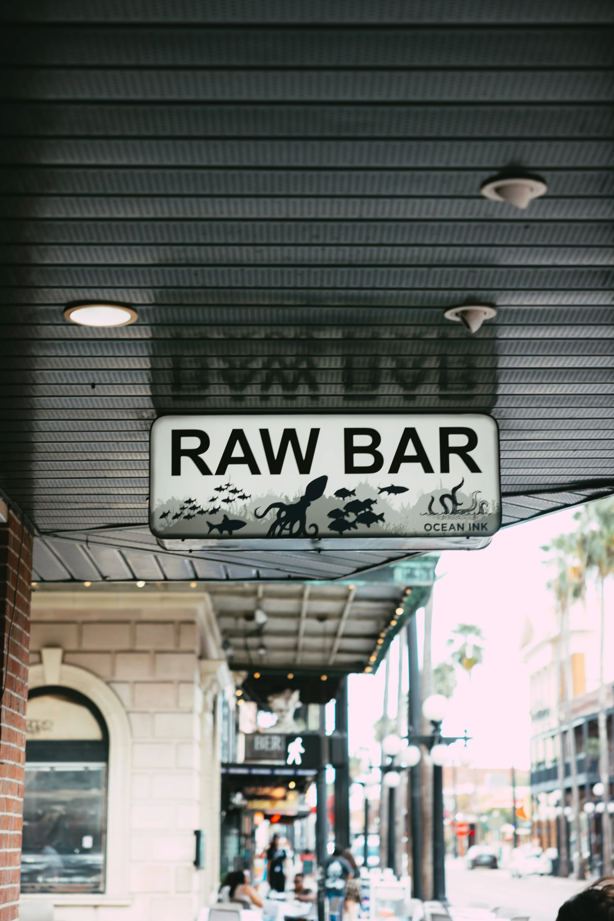 Outdoor sign for Raw Bar featuring an underwater scene with fish, an octopus, and a crab, hanging under a building overhang.