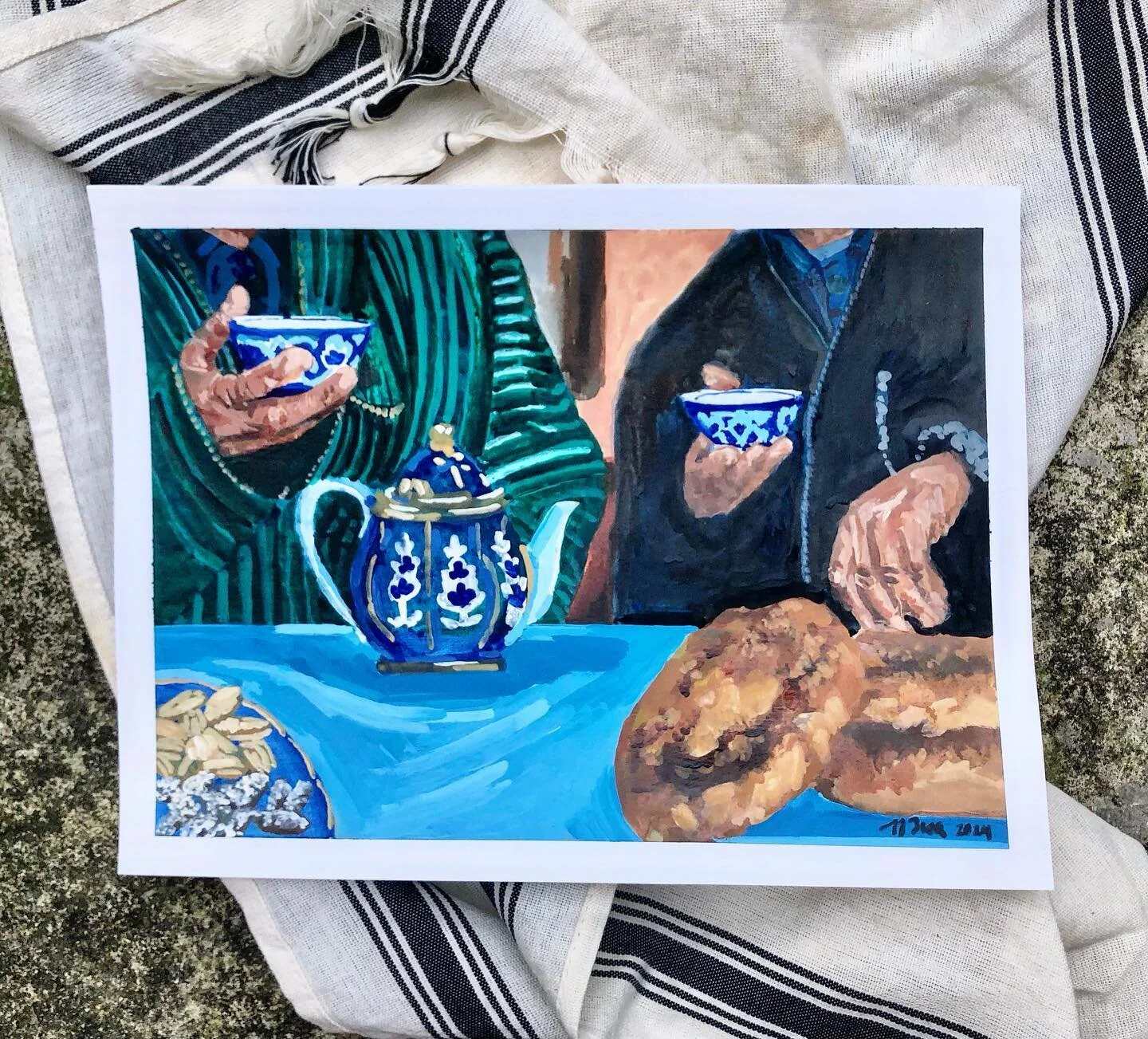Hospitali&bull;tea, 2024
Acrylic ink on paper

I love this deep blue and gold gilded cotton flower pattern, &lsquo;Pakhtagal&rsquo;, popular on porcelain products in Central Asia. It reminds me of times spent with friends at a local restaurant in Ist