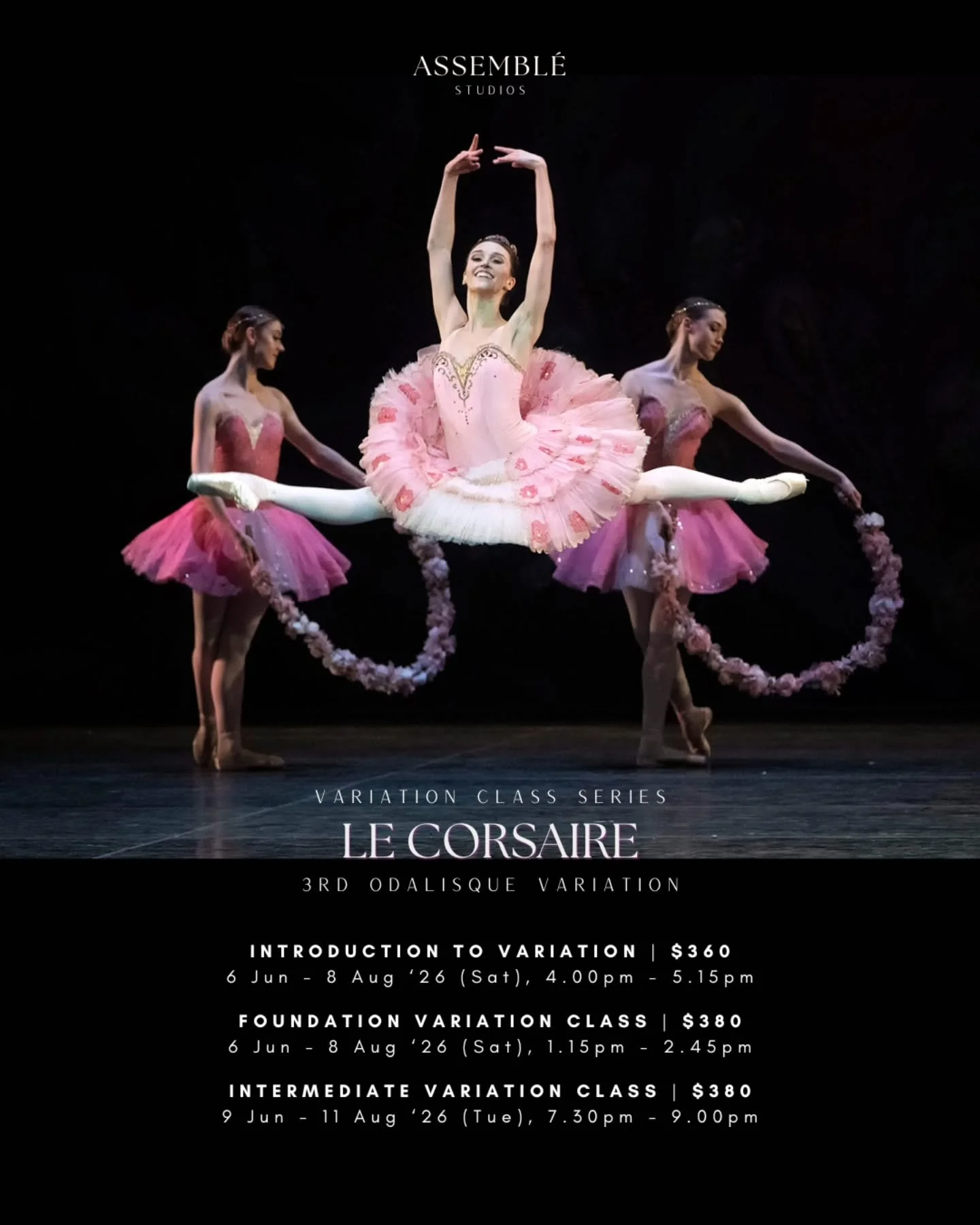 🩰 VARIATION CLASS SERIES: LE CORSAIRE (SEASON 3/2026) 🩰

In this third season, you will dive into the vibrant and spirited world of the 3rd Odalisque Variation from the classical masterpiece, Le Corsaire.

Set within a bustling bazaar, this variati