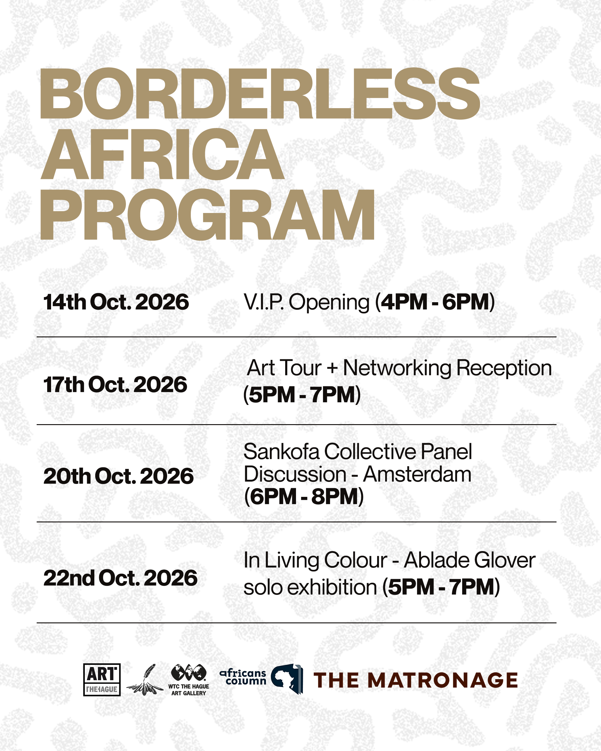 Poster advertising a series of art events in October 2026, including an art tour, a panel discussion, and a solo exhibition, with dates, times, and locations.