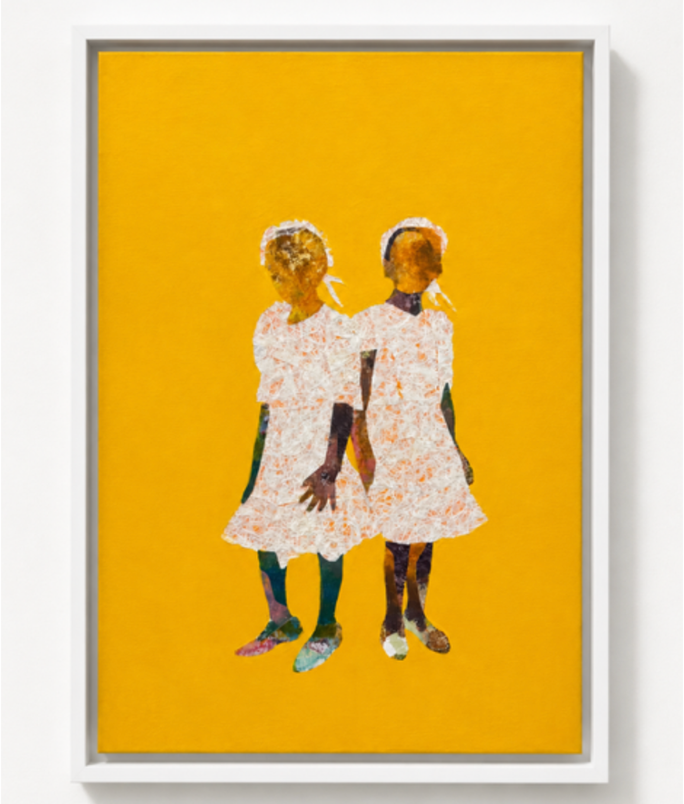 Painting of two women in vintage dresses with one arm around each other against a yellow background.