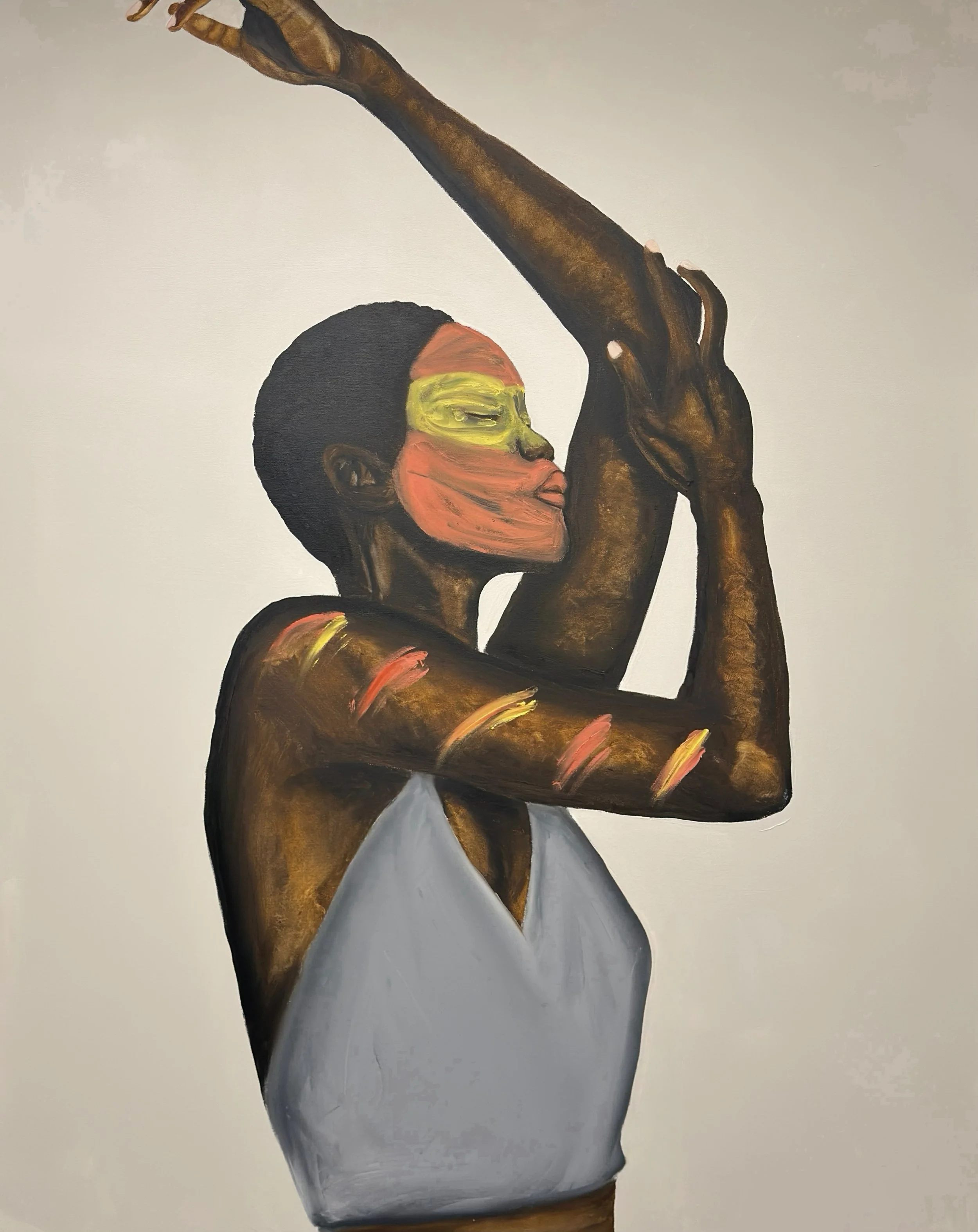 Painted portrait of a woman with dark skin and short hair, wearing yellow goggles and a white sleeveless top, holding her left arm above her head against a plain background.