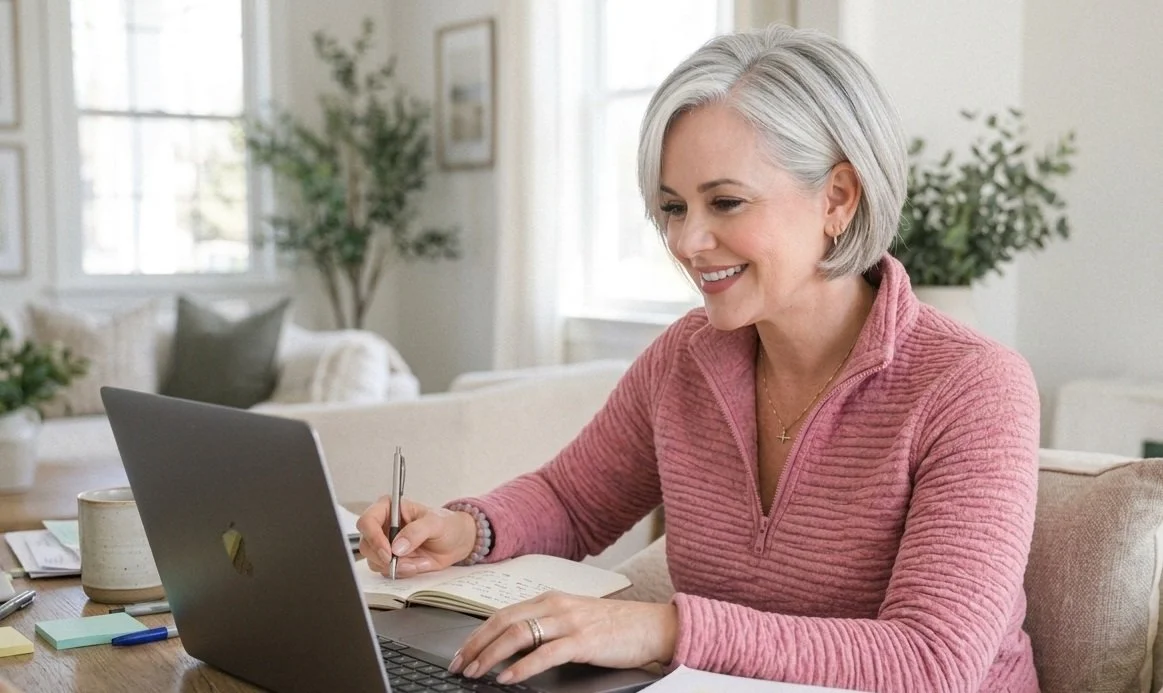 An older woman with short gray hair, wearing a pink zip-up sweater, sitting at a table with a laptop, writing in a notebook, in a well-lit living room with plants and windows.