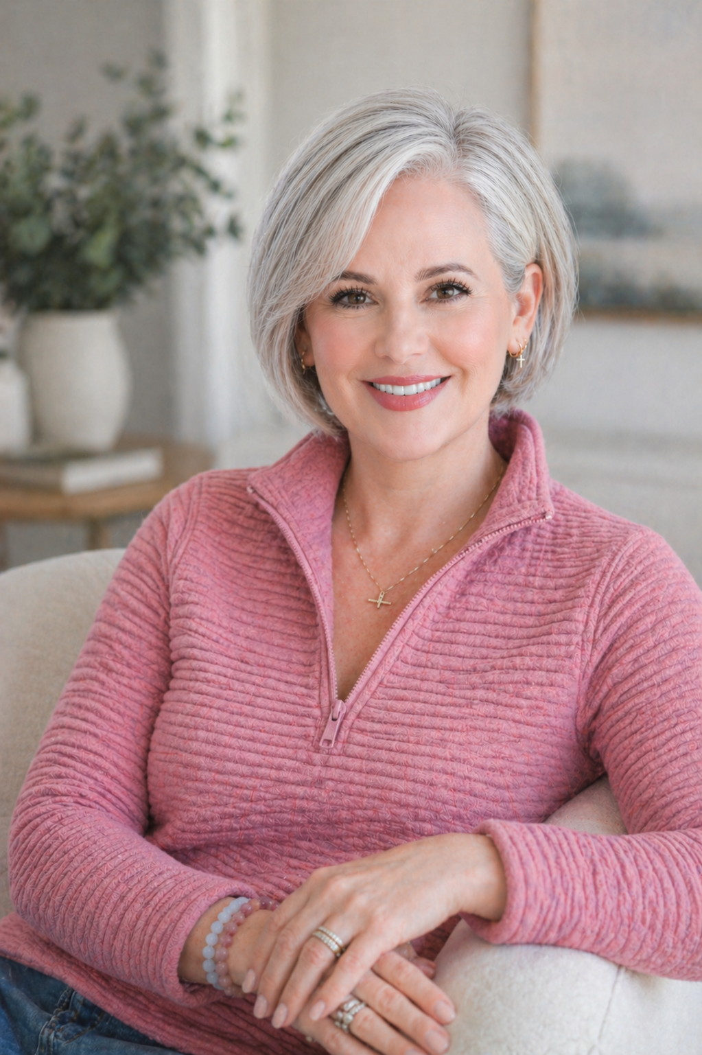A smiling woman with short gray hair, wearing a pink textured zip-up top, sitting on a beige chair with her hands folded, indoors with a blurred background including a vase with green foliage.