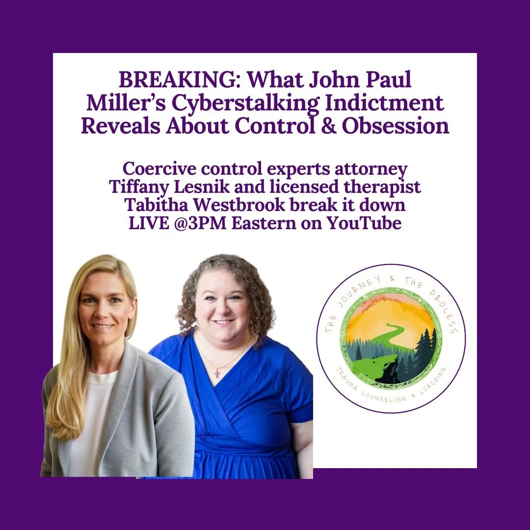 Join attorney Tiffany Lesnik of @live_free_legal and me as we break down the indictment and talk about cyberstalking and coercive control. 

LIVE today at 3PM Eastern/ 2PM Central on The Journey and The Process YouTube channel. Don&rsquo;t miss it.