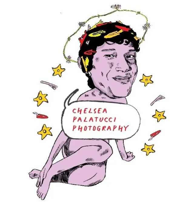 Cartoon drawing of a person with a human face and a baby doll's body, surrounded by stars and flowers, with a speech bubble that reads "Chelsea Palatucci Photography."