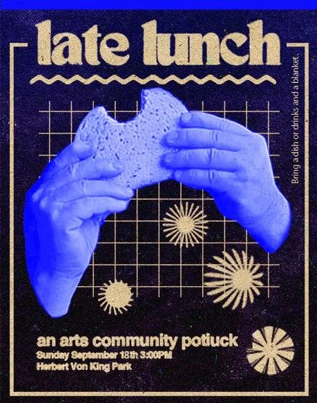 Poster advertising a late lunch arts community potluck with a person holding a half-eaten sandwich, featuring a dark background with yellow text and geometric decorative elements.