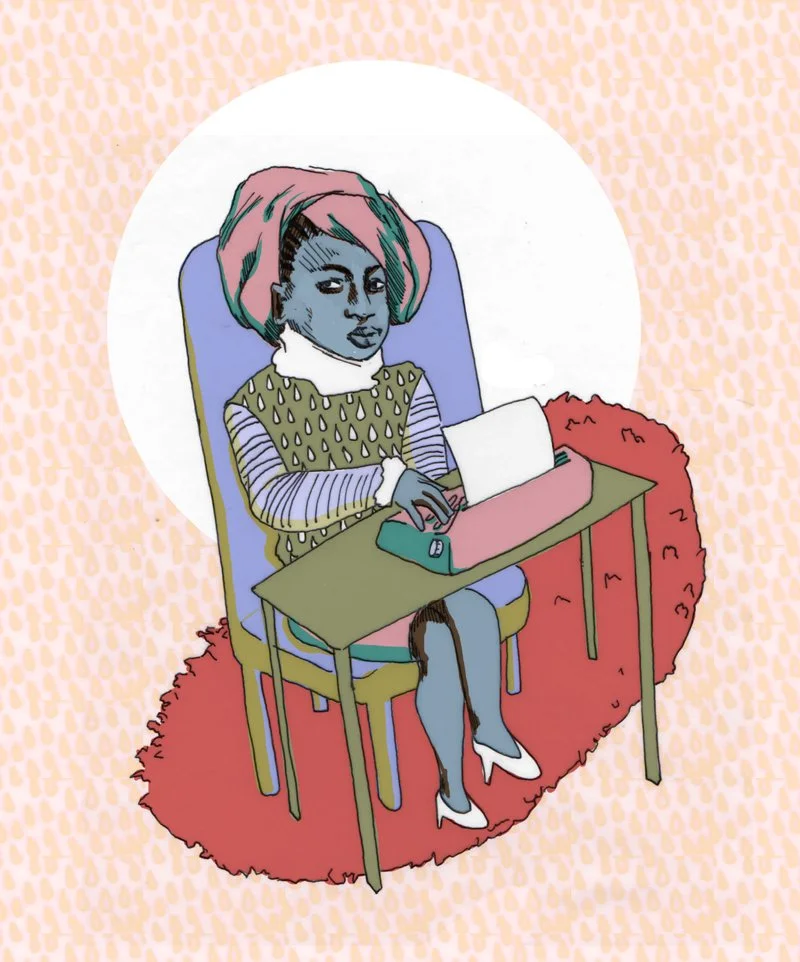 A stylized illustration of a woman with dark skin, pink and green hair, sitting in a blue chair at a small desk, working on a laptop, with a red rug underneath and a textured peach background.
