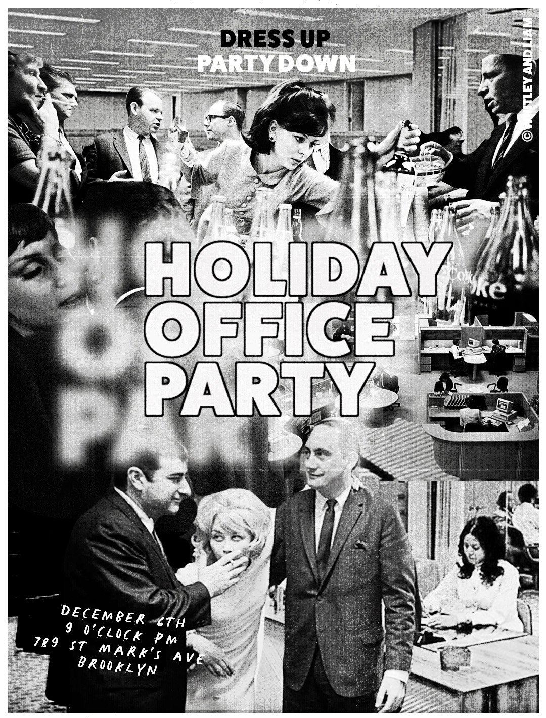 Black and white collage of scenes from a holiday office party, showing people socializing and working at desks, with text indicating details of the event on December 6th at 789 St Mark's Ave in Brooklyn.