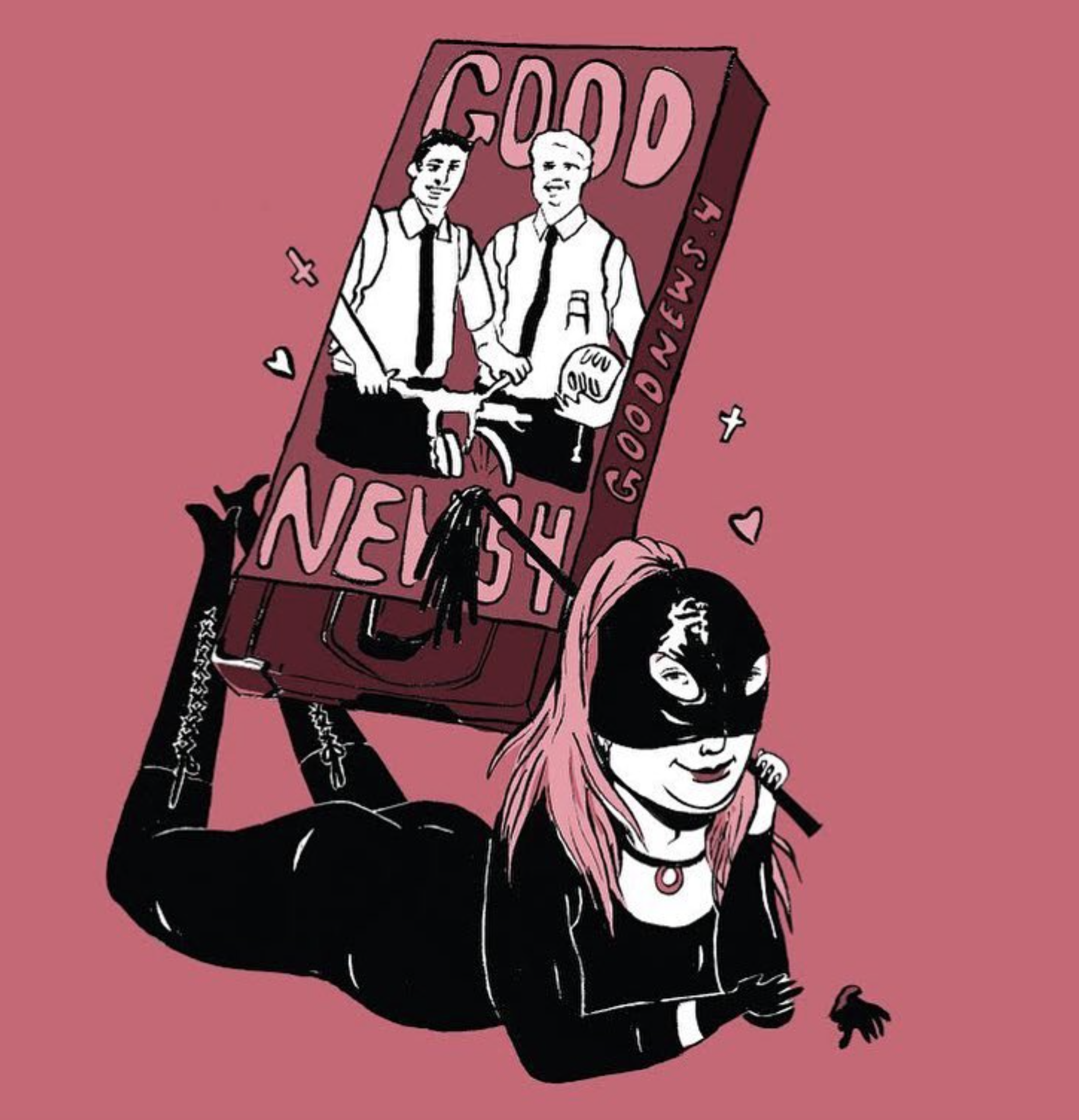 A stylized illustration of a woman with pink hair and a black mask, holding a large box with images of two men on it. The box has the words 'GOOD NEWS?' and 'NEW 54' printed on it. The woman is smiling and has a confident pose against a pink backgrou