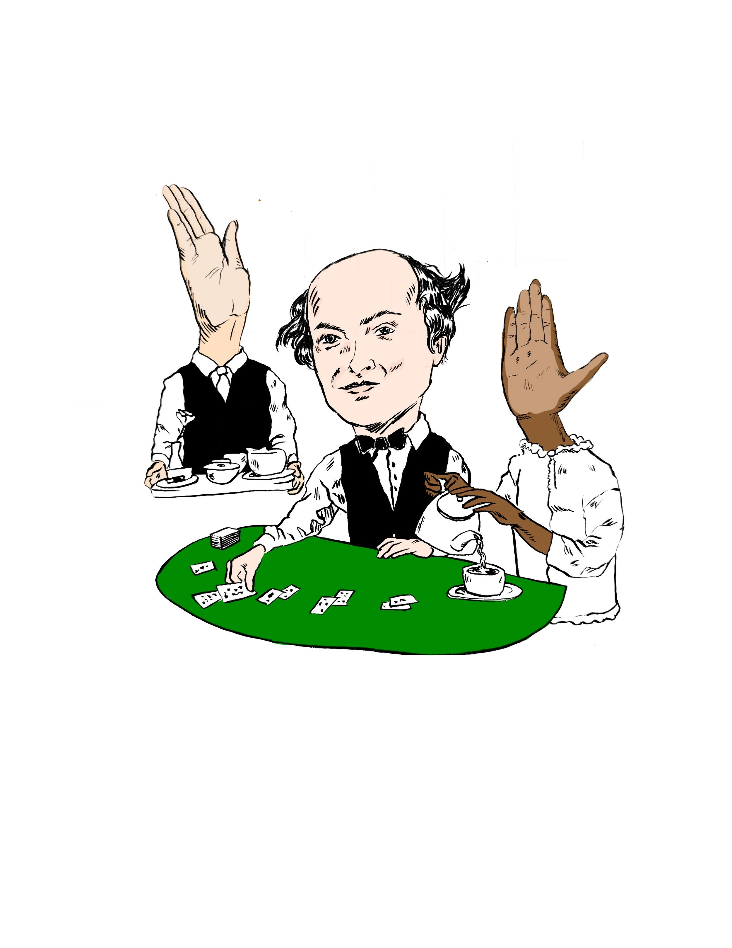 A poster illustration showing three people, two with hands raised, playing cards at a green table, with one pouring tea or coffee, and a person in the background carrying a tray with cups.
