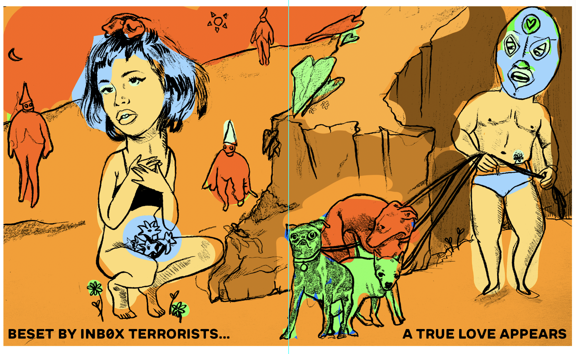 An artistic illustration with a woman with short blue hair at the center, holding a plant, surrounded by various surreal figures, animals, and abstract elements on an orange background. Text at the bottom reads, "BESET BY INBØX TERRORISTS... A TRUE L