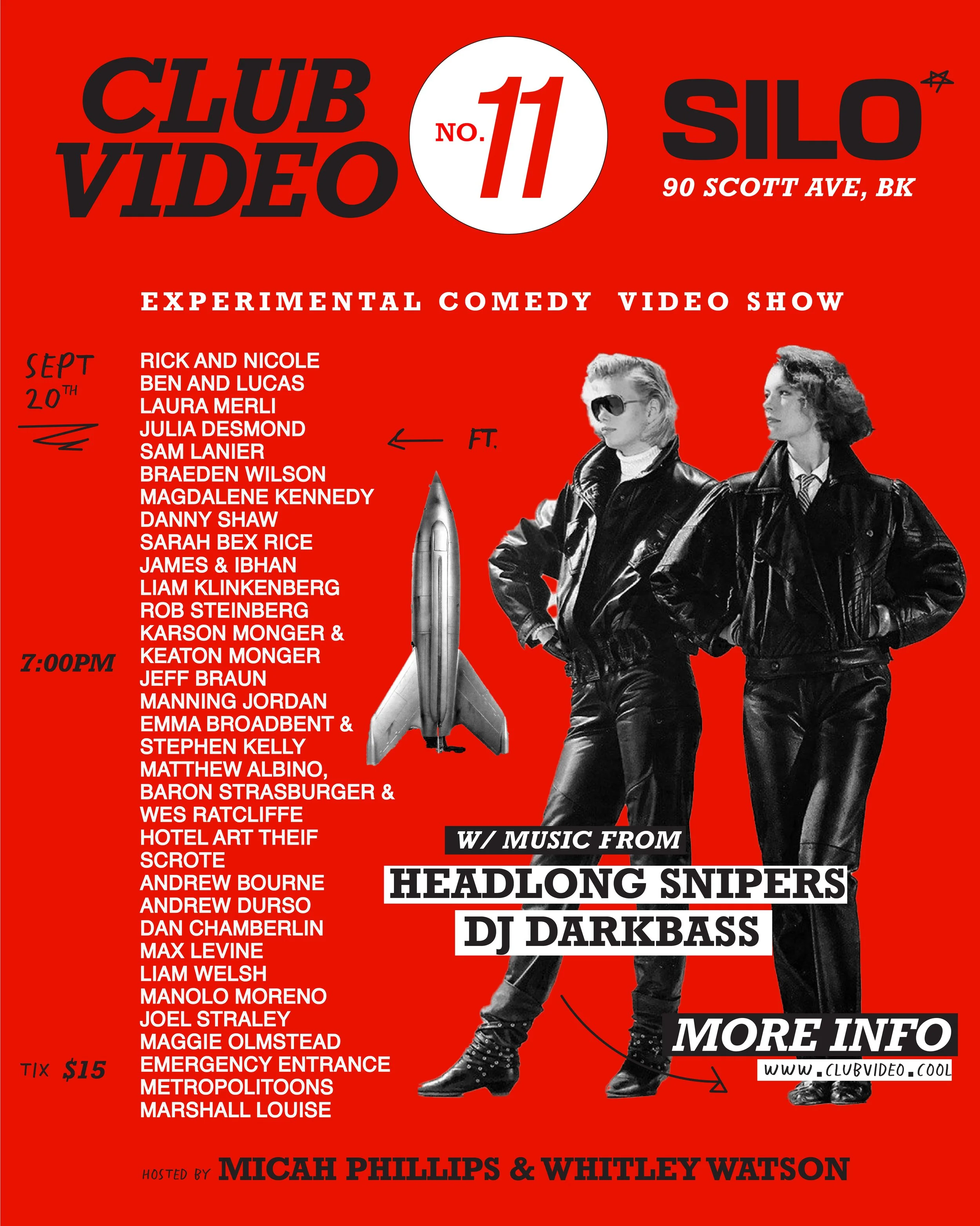 Flyer for Club Video Silo's experimental comedy video show on September 20th at 90 Scott Ave, Brooklyn. Features a list of performers, a rocket, and two women in leather outfits with one wearing sunglasses.