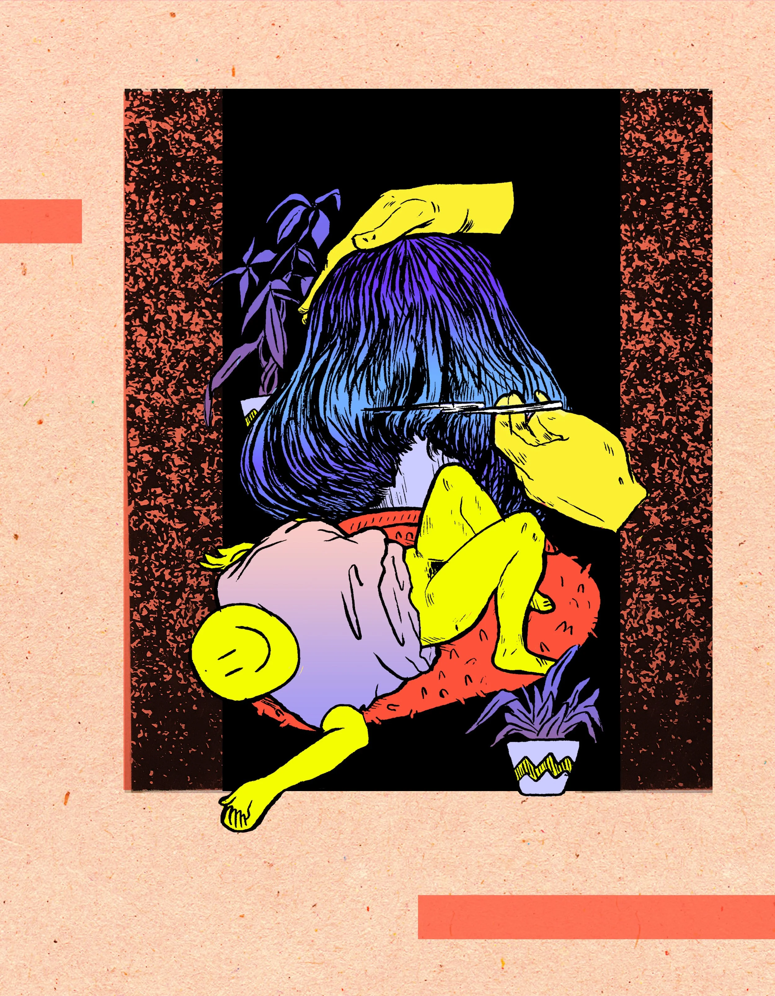 An illustration of a woman receiving a tattoo on the back of her head, with another person’s hand holding her head steady. The woman has long, dark blue hair and is wearing a light purple top, sitting on a red cushion. There are potted plants on eith