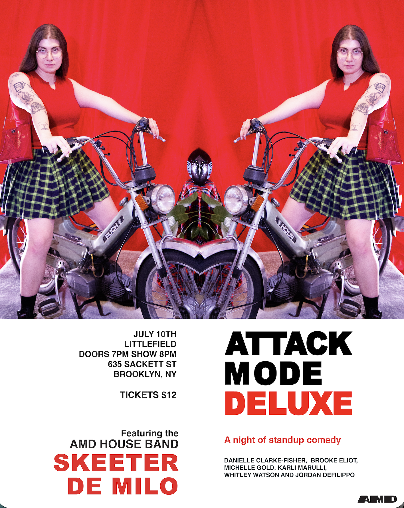 Poster for a comedy event featuring Skeeter De Milo and Attack Mode Deluxe, on July 10th at Littlefield in Brooklyn, NY, with doors at 7 PM and show at 8 PM, tickets $12, displaying two women in red tops and plaid skirts standing next to vintage moto