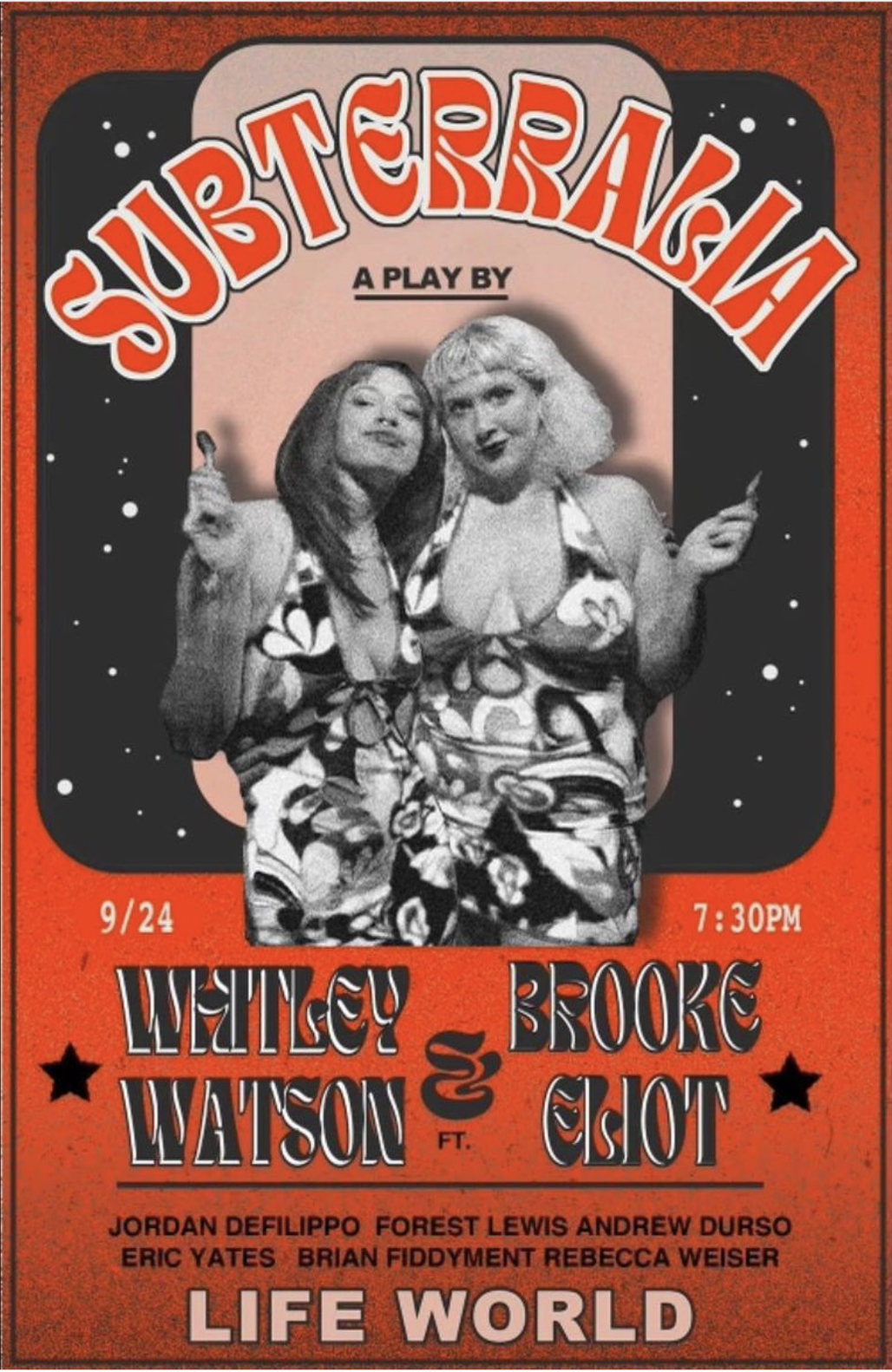 A vintage-style poster for a play titled "SubterraNKA," showing two women in retro dresses holding cigarettes, with the details of the event and cast names.