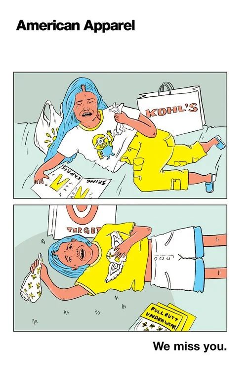 A cartoon illustration of a young girl with blue hair lying on a bed, crying and clutching a tissue in one hand and a teddy bear in the other, with a shopping bag from Kohl's nearby and allergy medication on the floor. In the second panel, she is out