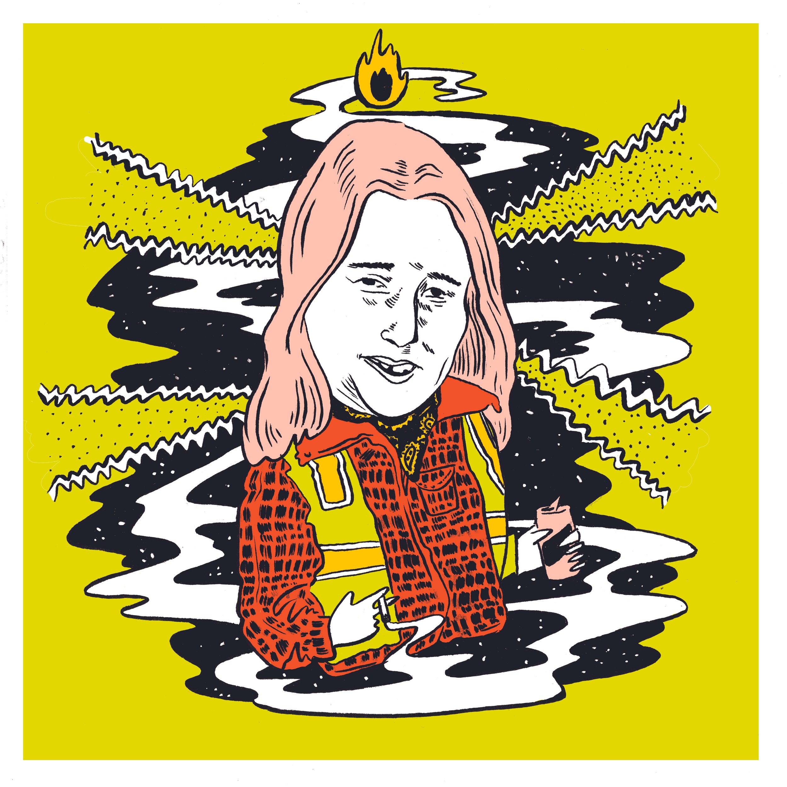 Illustration of a person with long hair, smiling, wearing a patterned red and orange jacket, holding a phone, with chaotic black, white, and yellow background, and a small flame above their head.