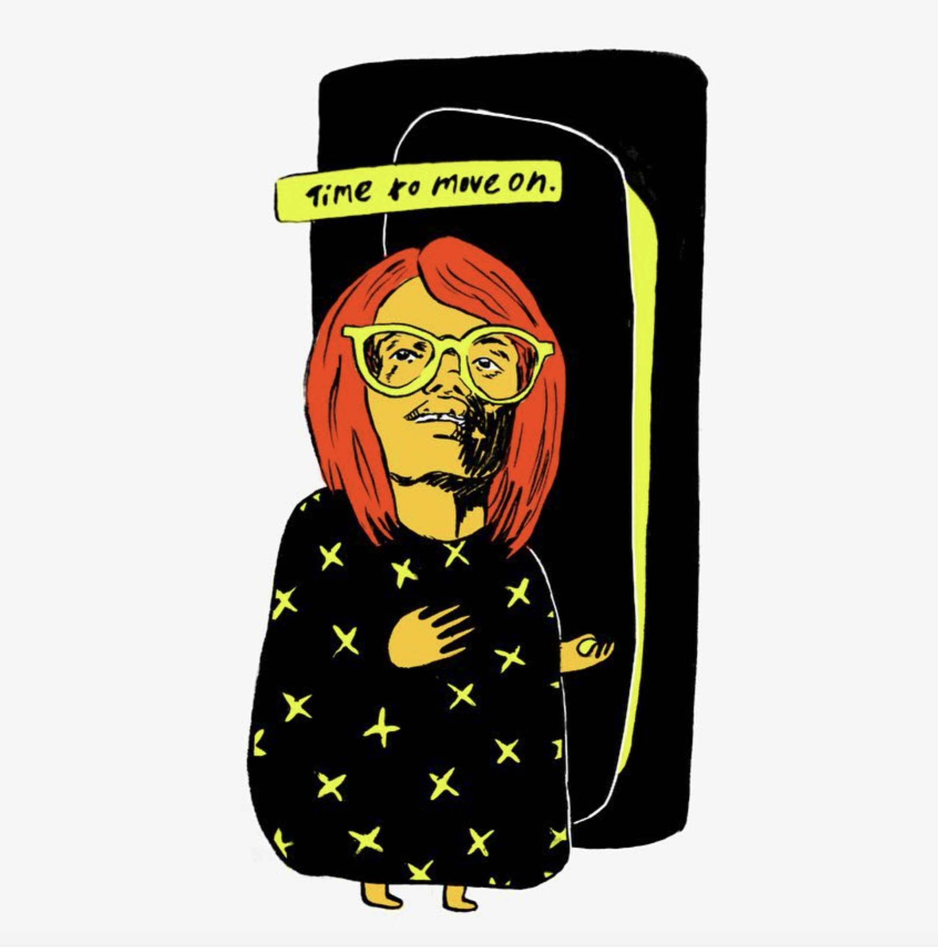 Illustration of a woman with red hair and large yellow glasses standing in front of a phone booth. She is wearing a black dress with yellow star patterns. The woman has a hand on her chest and an arm extended to the side. A yellow banner above her he