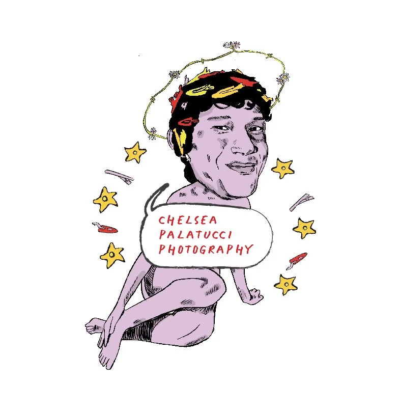 Cartoon illustration of a person with a human face and a cartoon body, surrounded by stars and rockets, with a speech bubble that reads 'Chelsea Palatucci Photography'.