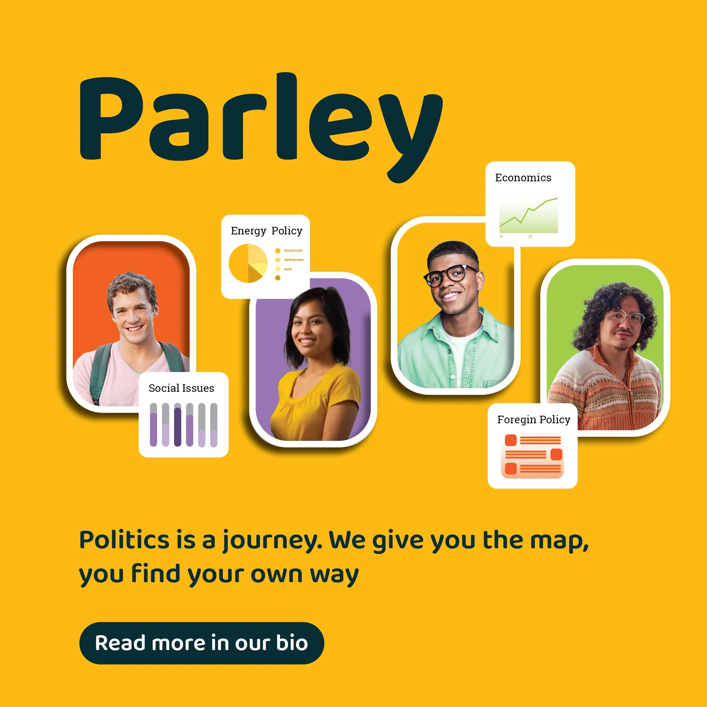 A colorful graphic design featuring four diverse people with framed images of social issues, energy policy, economics, and foreign policy, and a quote about politics being a journey.