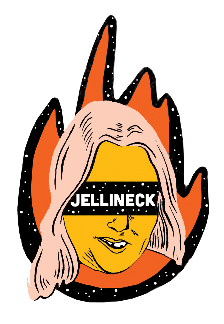 Illustration of a woman's face with long hair, over a background of stylized flames, and a black band with the text 'JELLNECK' covering her eyes.