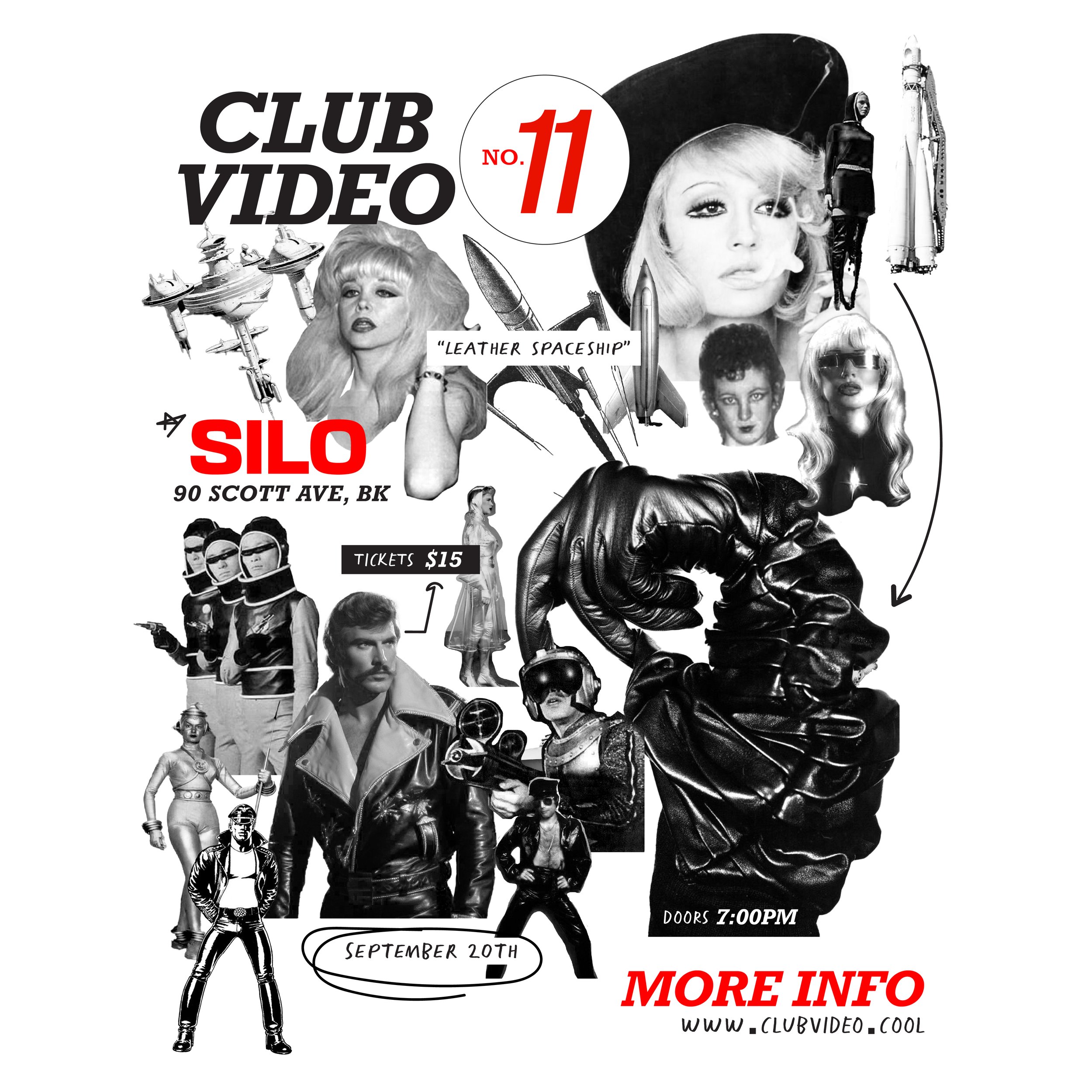 A black-and-white collage poster for a club video event featuring various retro and sci-fi themed images, including women, rockets, futuristic outfits, and a large black leather glove, with red and black text providing event details.