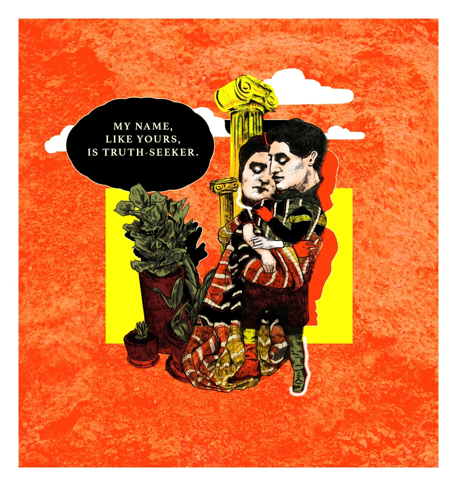 A digital illustration of two people with faces merged, sitting together against a yellow backdrop on a textured orange background. They are surrounded by green plants, and a classical column is behind them. A speech bubble above the plants reads, "M