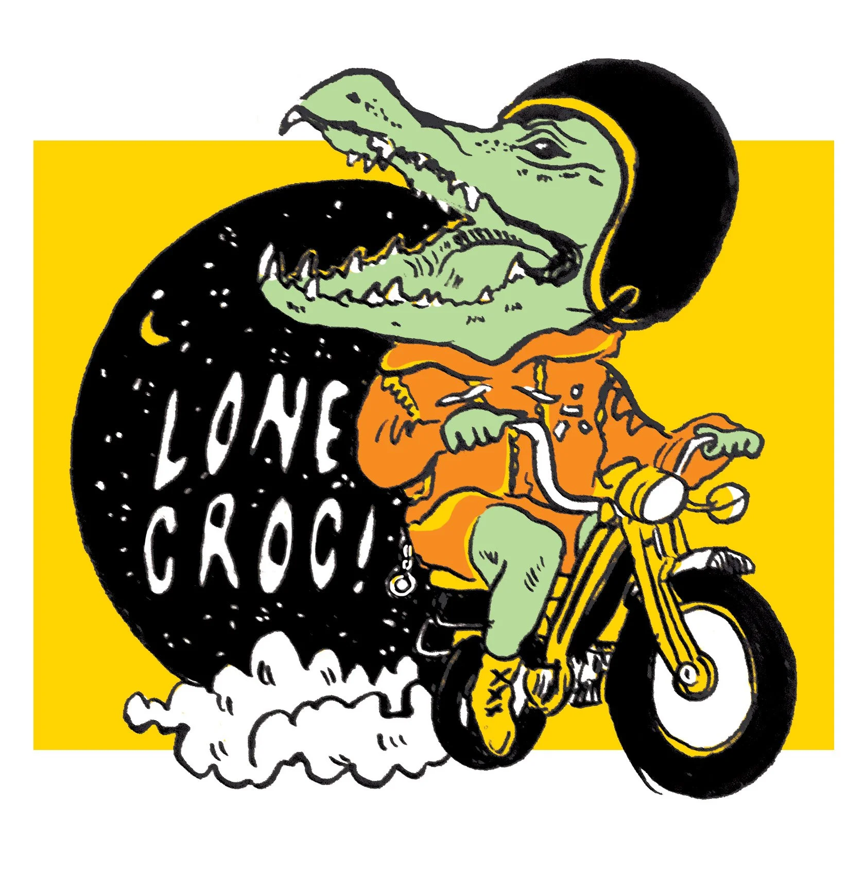 A cartoon illustration of a crocodile with an alligator head riding a yellow bicycle, wearing an orange hoodie, with a black helmet, against a yellow background. The crocodile's head is emerging from a black circle with white text that says 'LONE CRO